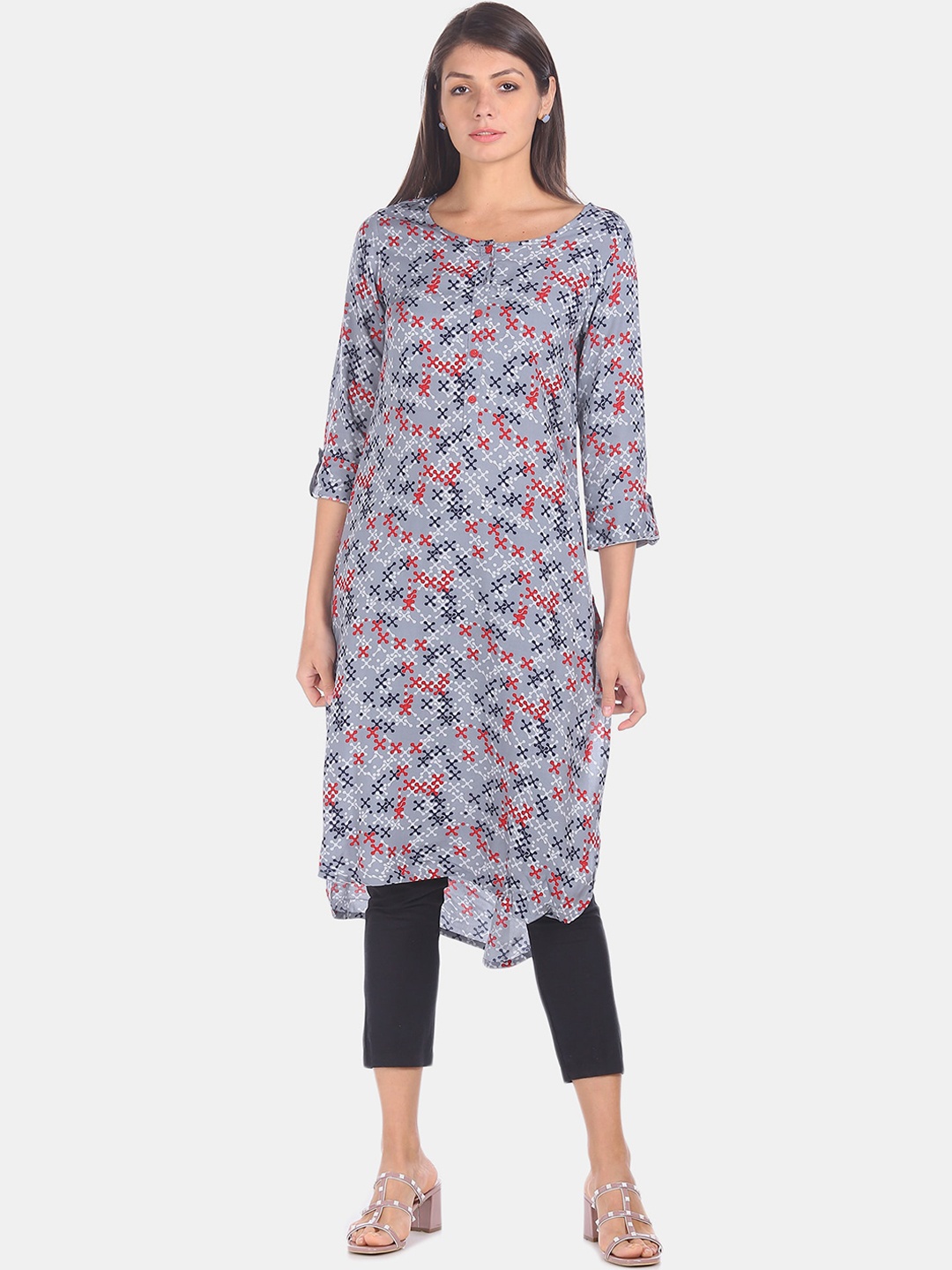 Karigari Women Grey Printed Straight Kurta