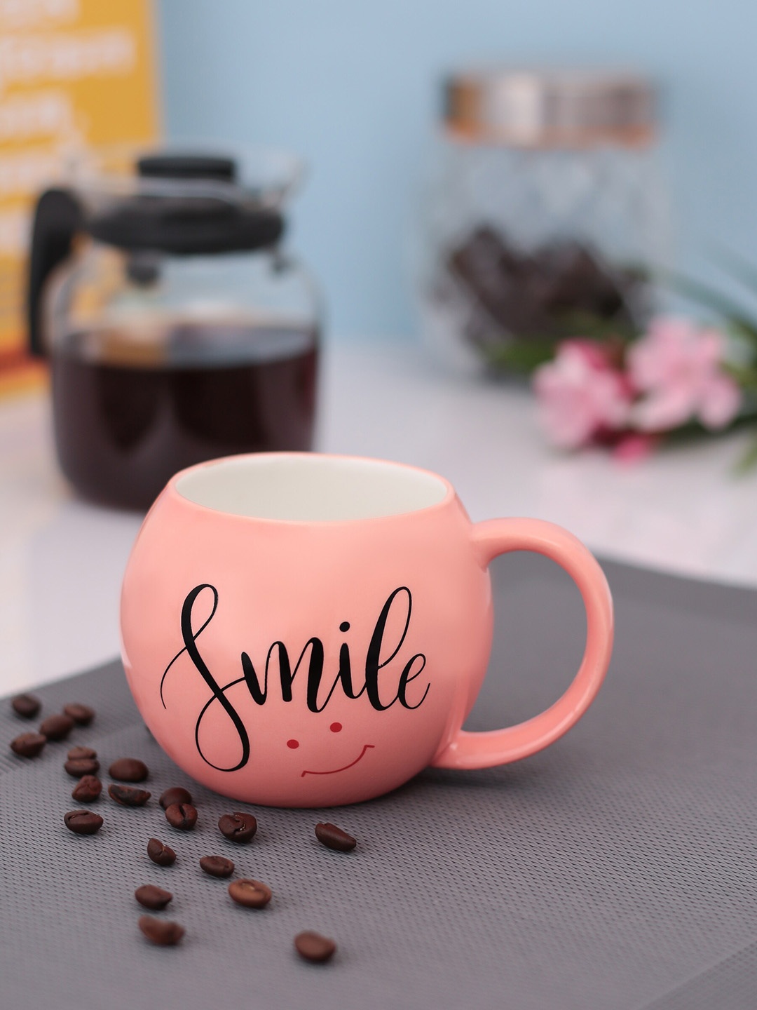 

JCPL Fine Ceramic Peach-Colour & Black Printed Globe-Shaped Milk Mug 350 Ml, White