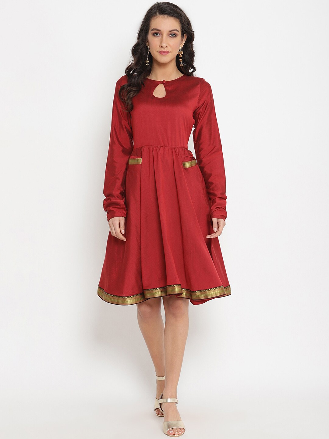 

Abhishti Women Red Mangalgiri Flared Dress With Pockets, Maroon