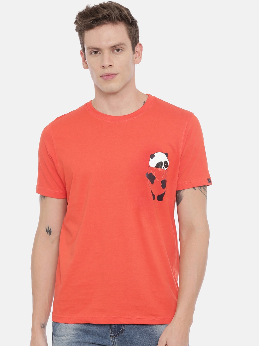 Bushirt Men Orange Solid Round Neck T-shirt