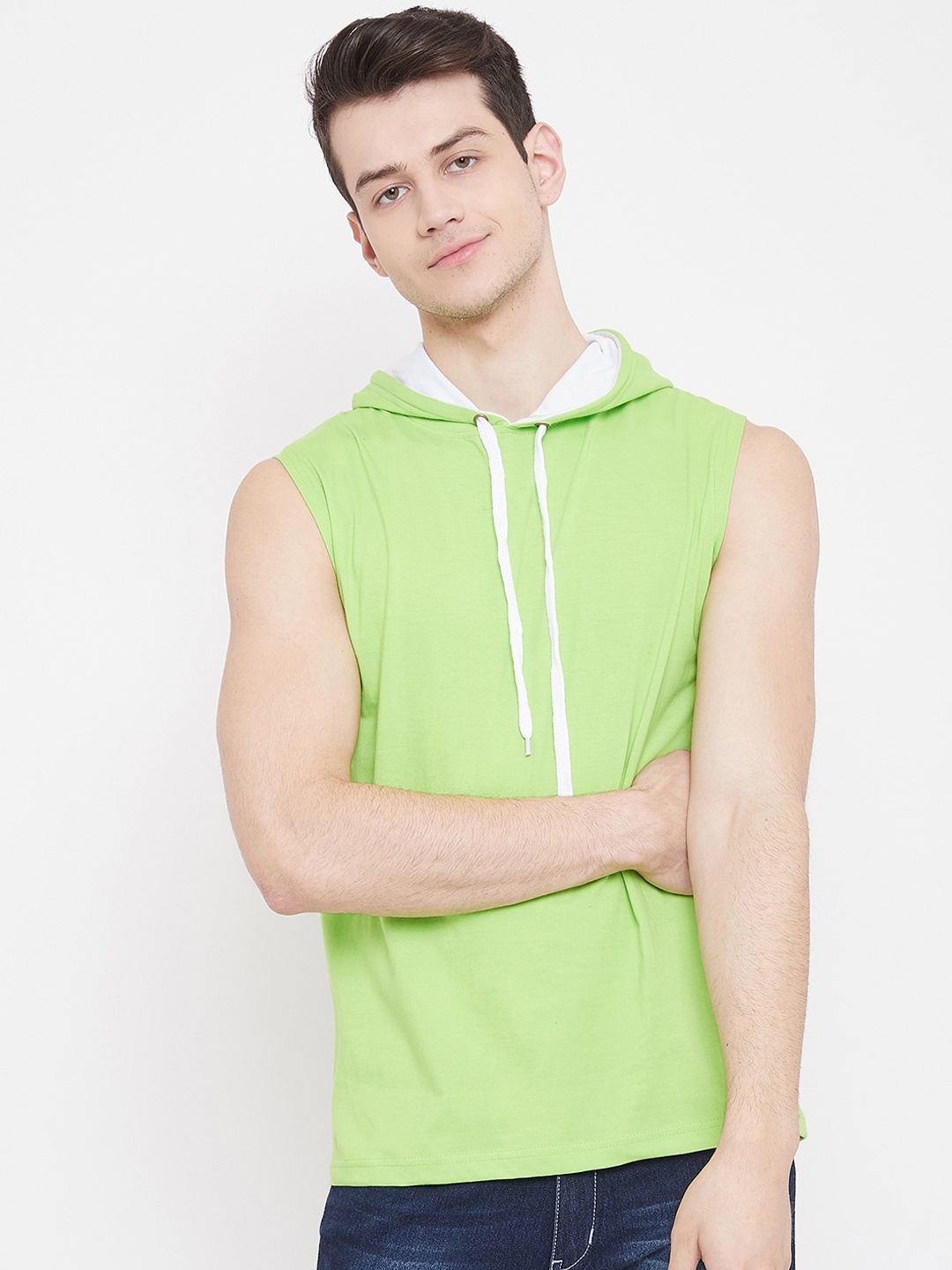 

Rodzen Men Fluorescent Green Solid Hood T-shirt