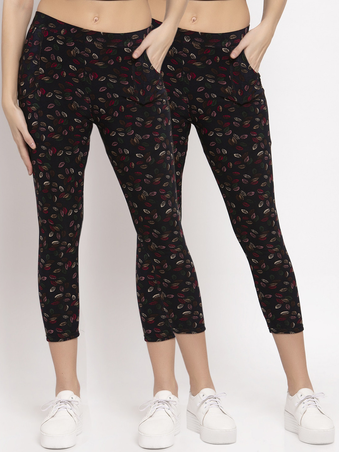 

KLOTTHE Women Pack of 2 Black & Green Printed Skinny Fit Treggings