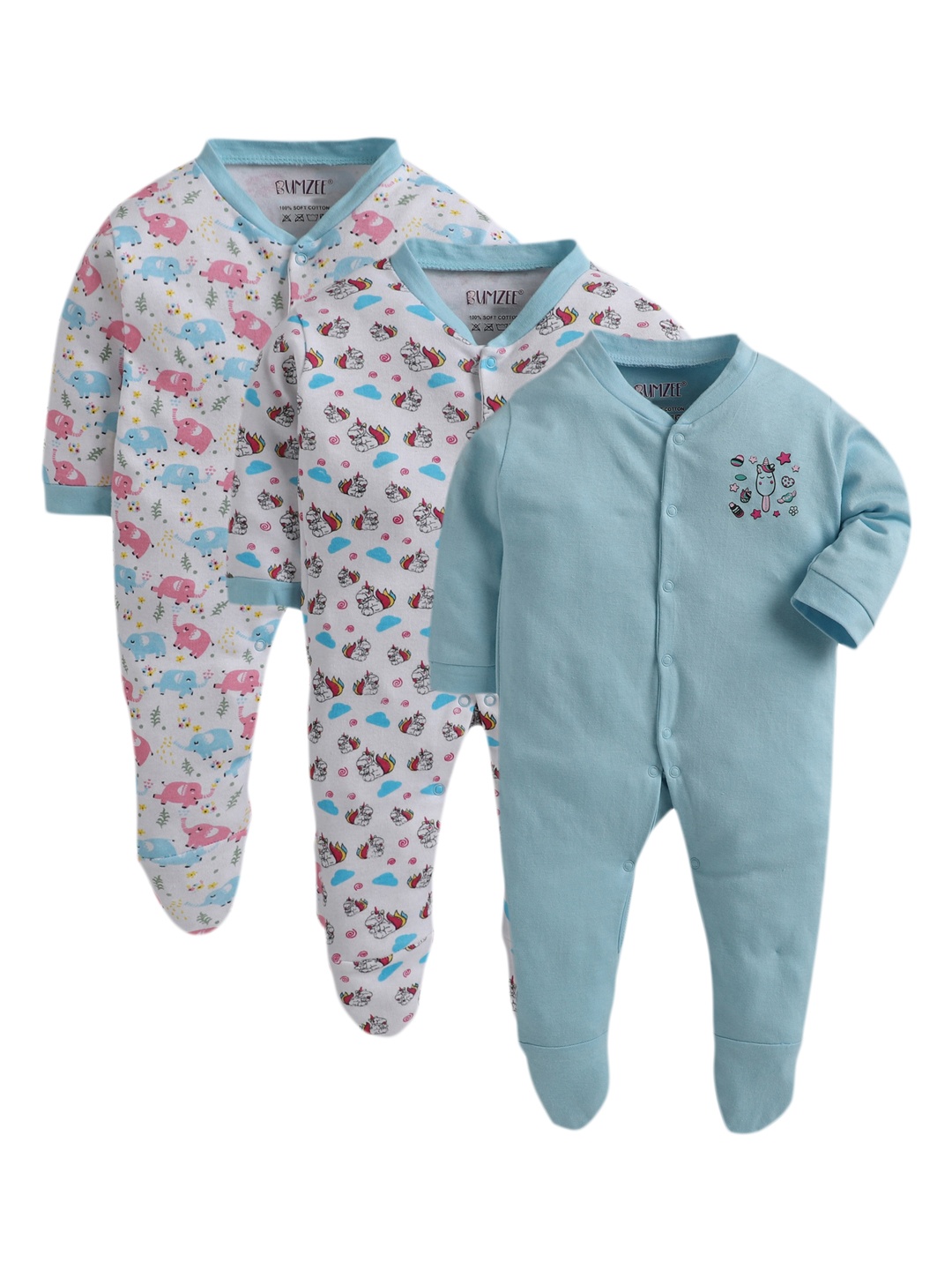 

BUMZEE Newborn Unisex Kids Pack Of 3 Sleepsuits, Blue