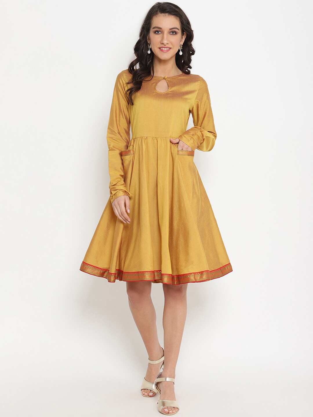 

Abhishti Women Golden Fit and Flare Dress with Mangalgiri Border and Pockets, Gold
