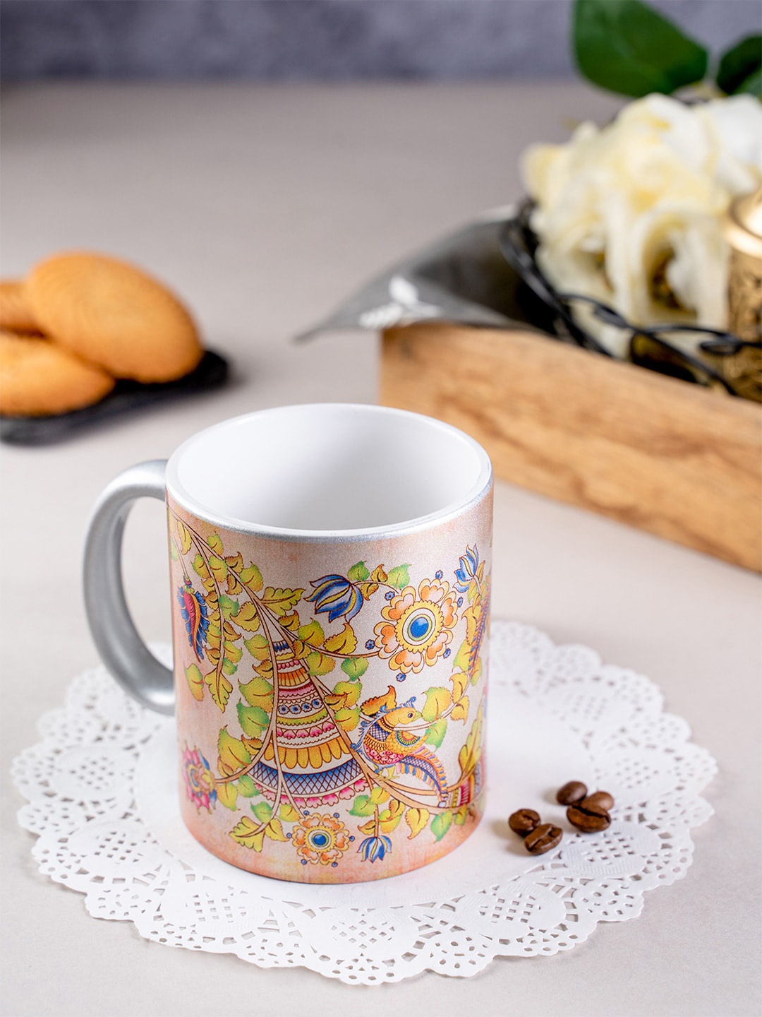 

KOLOROBIA Silver-Toned & Pink Kalamkari Finesse Printed Ceramic Mug