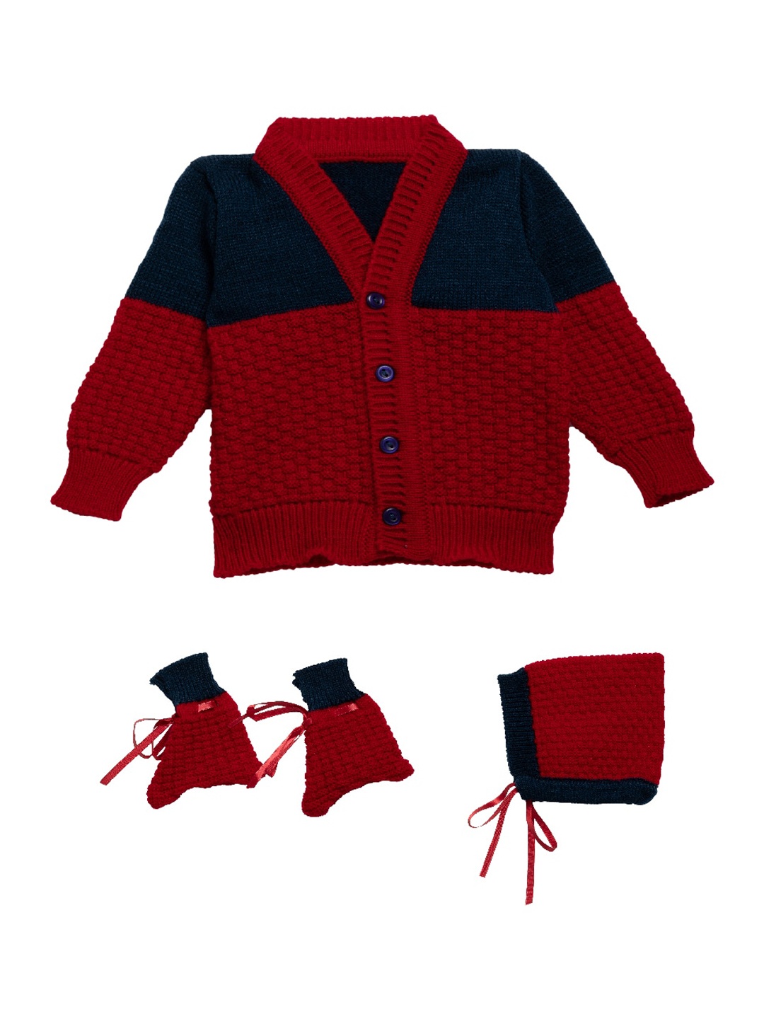 

Little Angels Unisex Kids Red & Navy-Blue Colourblocked Acrylic Cardigan Sweater Set