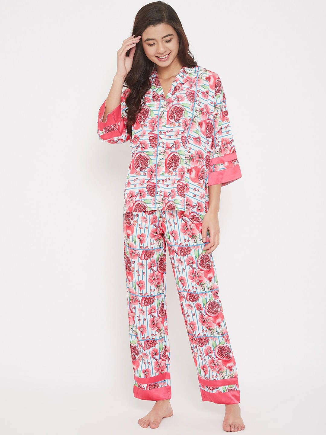 

The Kaftan Company Women White & Pink Printed Night Suit