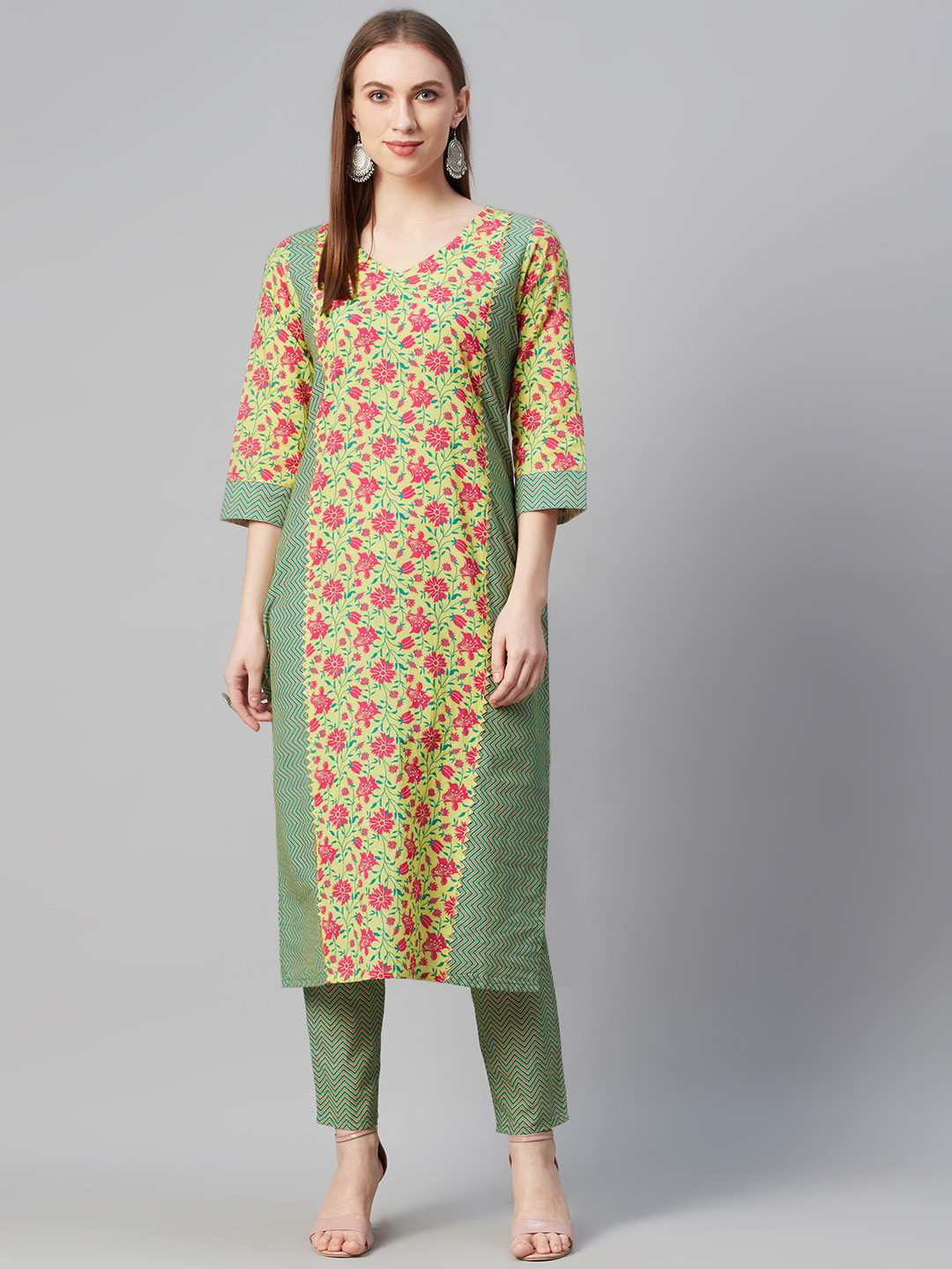 

ZIYAA Women Yellow & Pink Printed Straight Kurta
