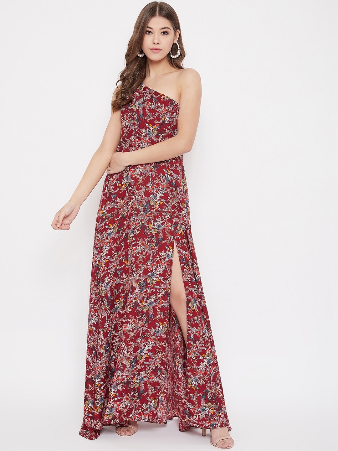 Berrylush Women Maroon & Off-White Floral Printed One Shoulder Maxi Dress