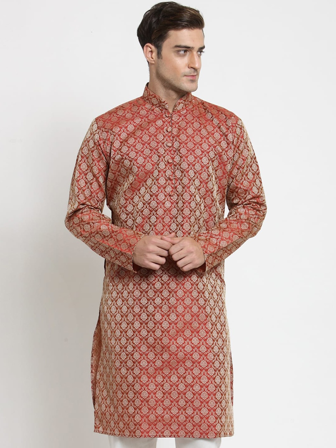 

Jompers Men Red Woven Design Jacquard Straight Kurta
