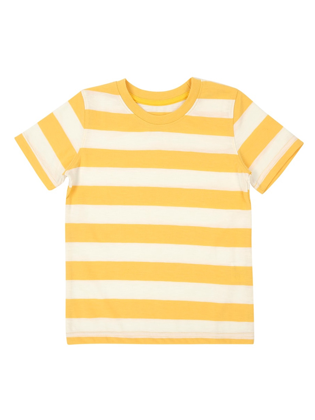 

Pantaloons Junior Boys Yellow White Striped Round Neck Cotton Pure Cotton T-shirt