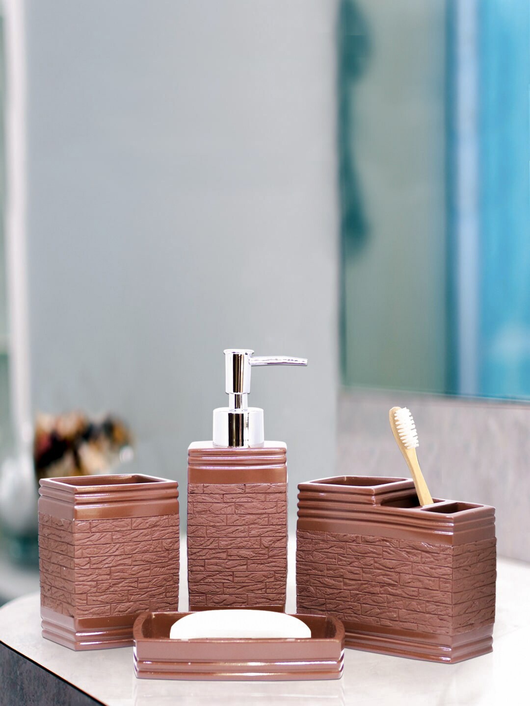 

Shresmo Set Of 4 Brown Textured Bath Accessory Set