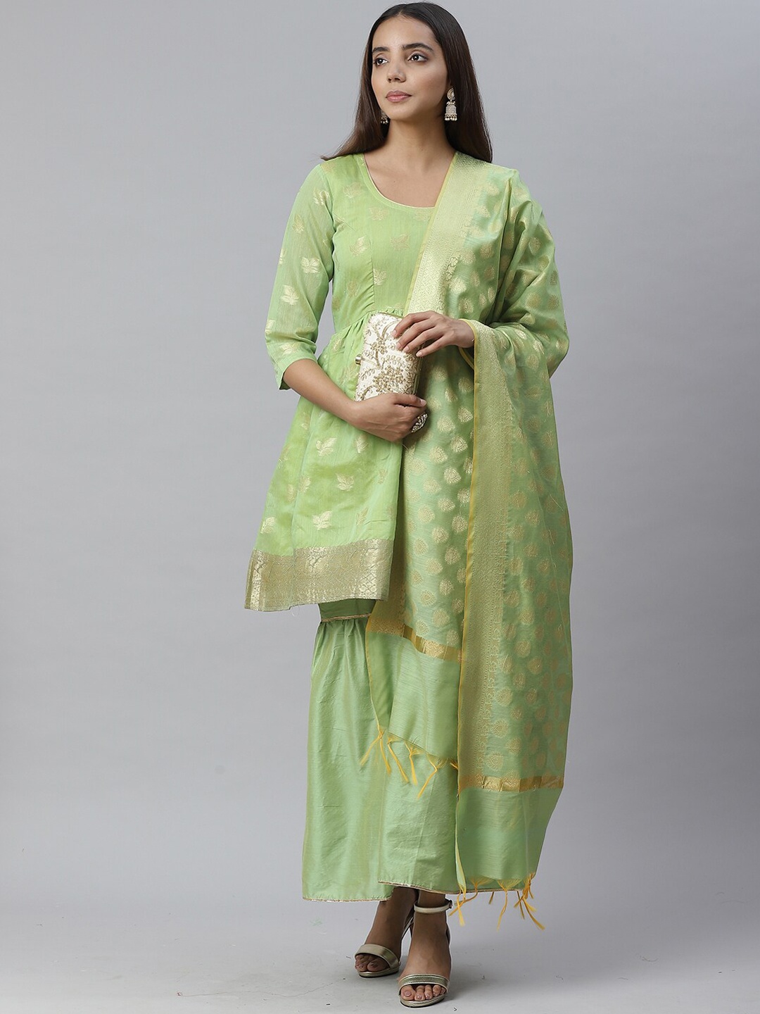 

Chhabra 555 Women Green Woven Design Handloom Banarasi Kurta with Sharara & Dupatta
