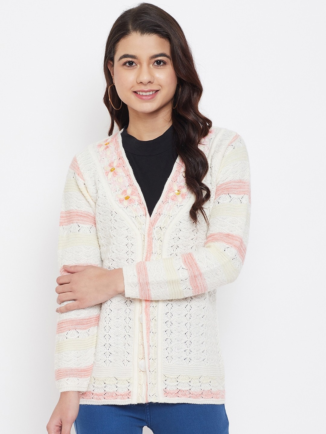 

Zigo Women White & Pink Self Design Cardigan