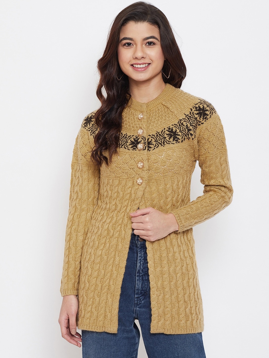 

Zigo Women Beige Self Design Cardigan