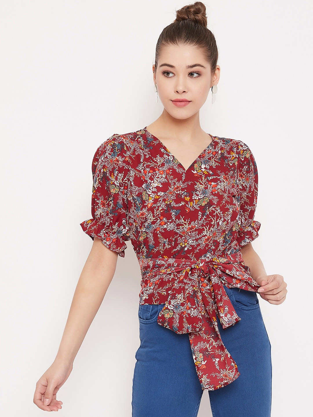 

Berrylush Maroon Printed Cinched Waist Top