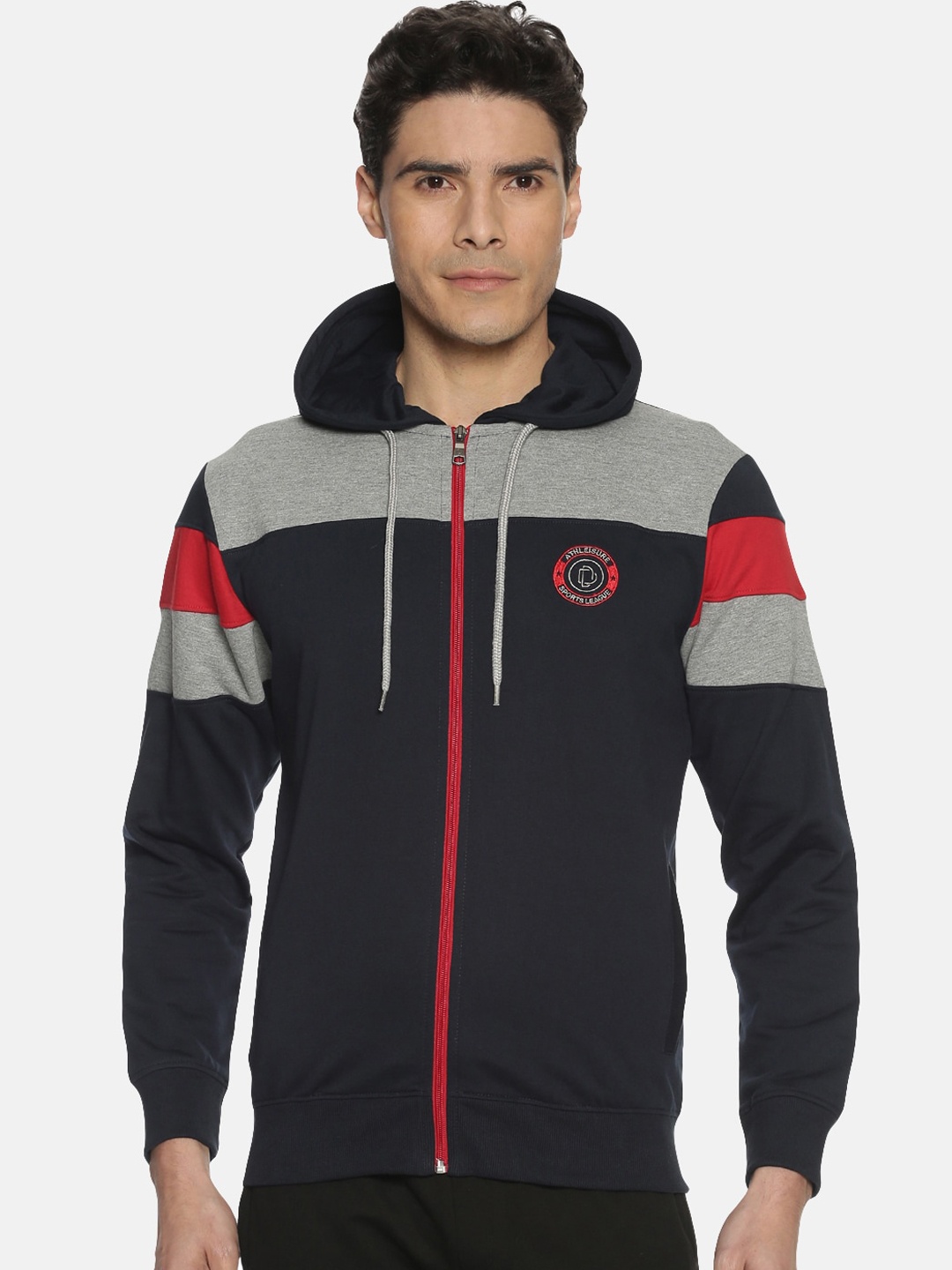 Dollar Men Navy Blue & Grey Colourblocked Hooded Sweatshirt