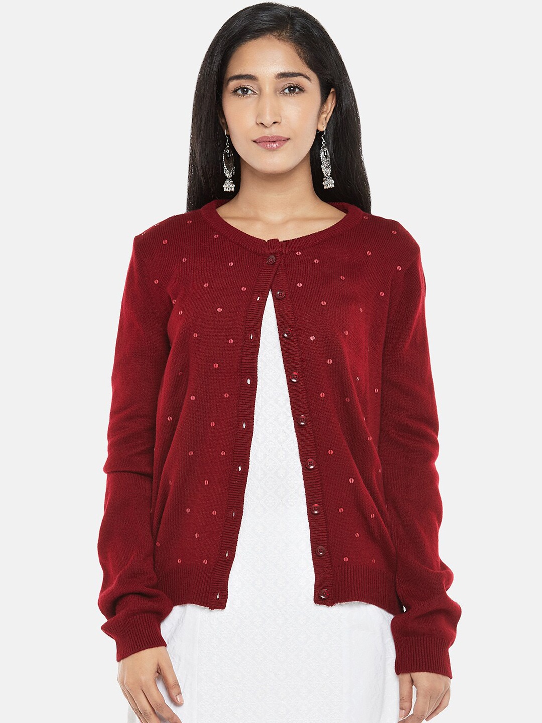 

RANGMANCH BY PANTALOONS Women Maroon Embellished Cardigan