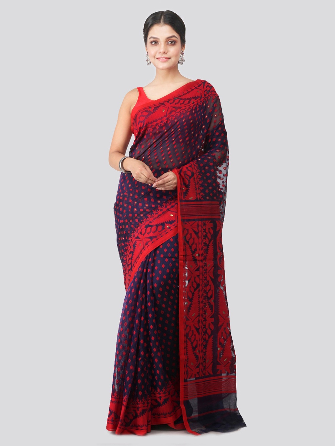 

PinkLoom Blue & Red Pure Cotton Woven Design Jamdani Sustainable Saree