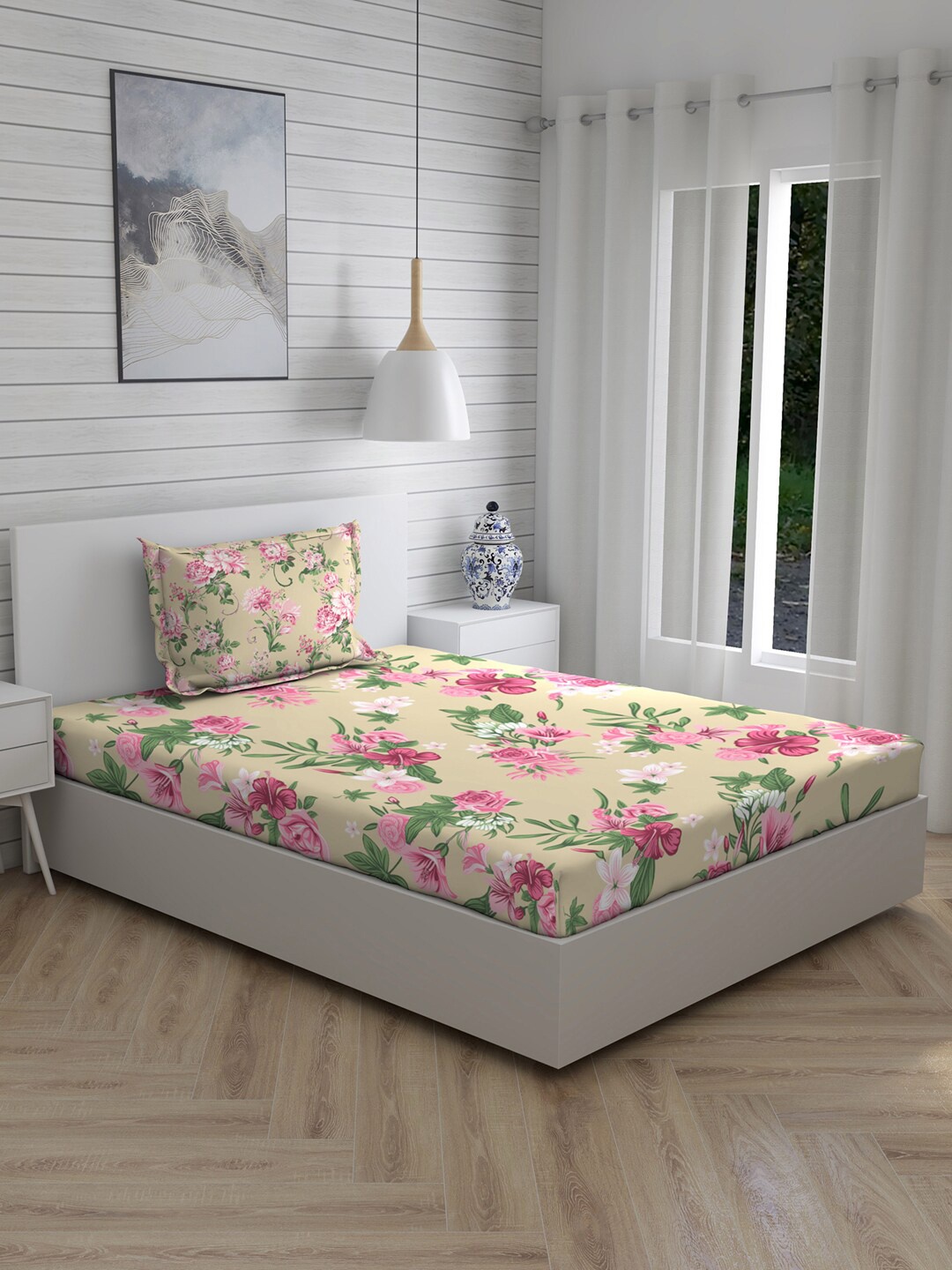 Layers Beige & Pink Floral Print 144 TC Single Bedsheet With Pillow Cover