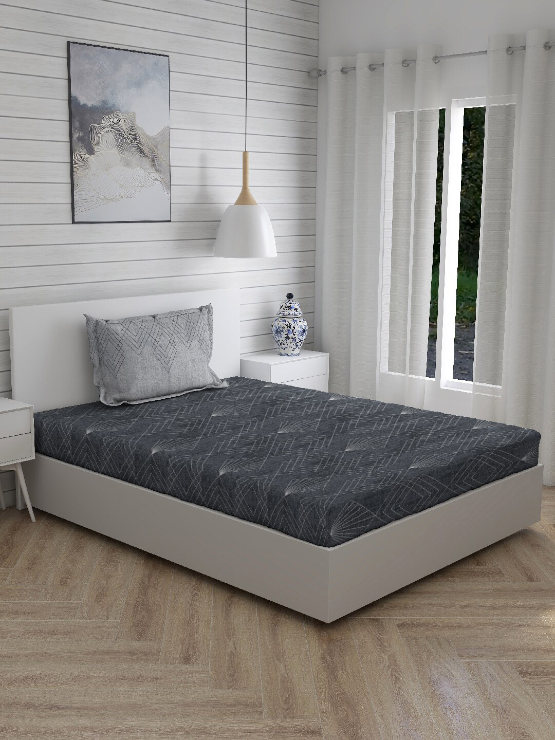 

Layers Grey Geometric Tuscany Printed 104 TC Cotton Single Bedsheet With Pillow Cover