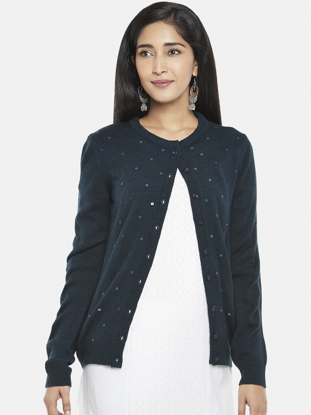 

RANGMANCH BY PANTALOONS Women Teal Green Embellished Cardigan
