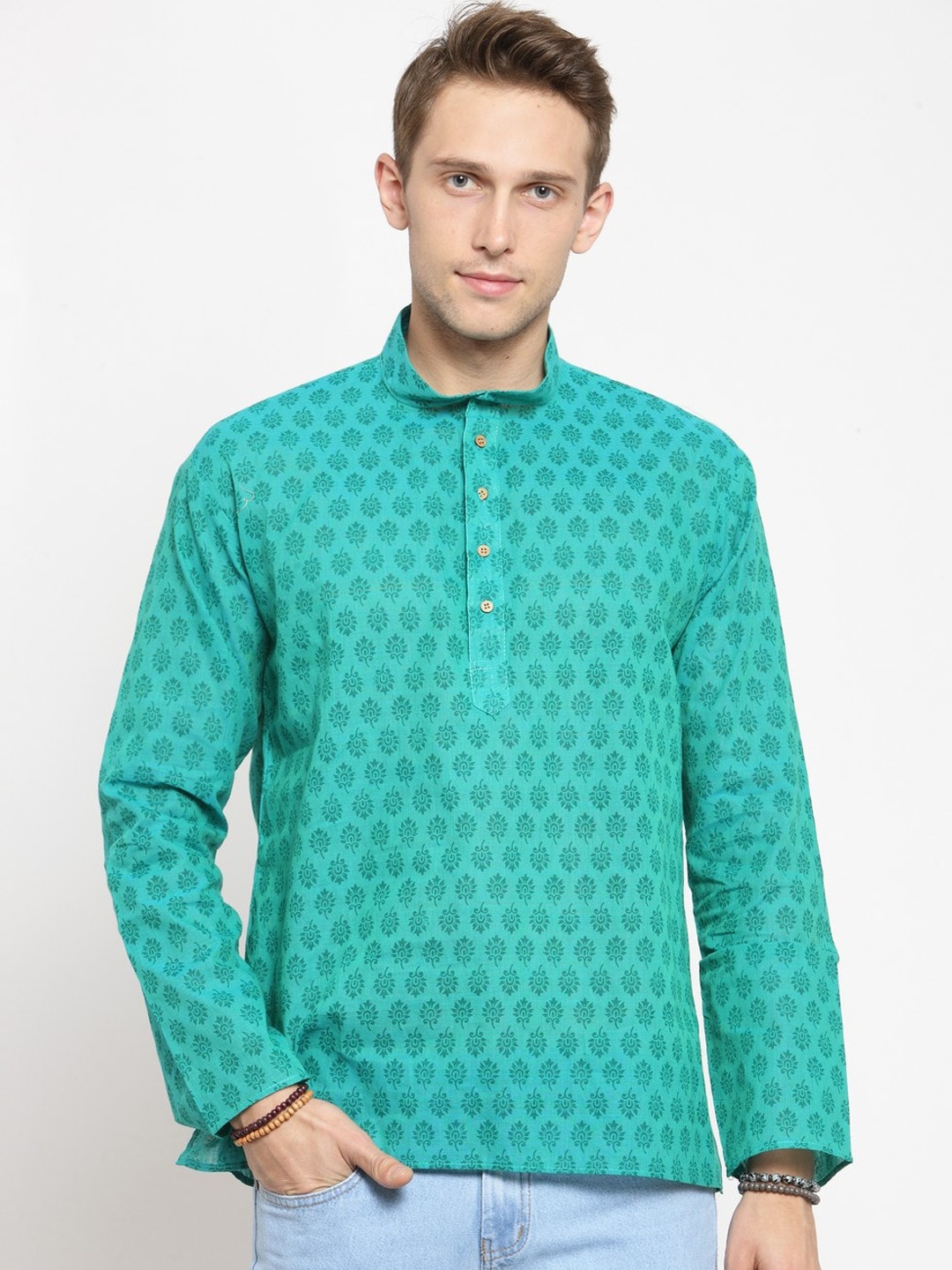 RG DESIGNERS Men Sea Green Printed Straight Kurta