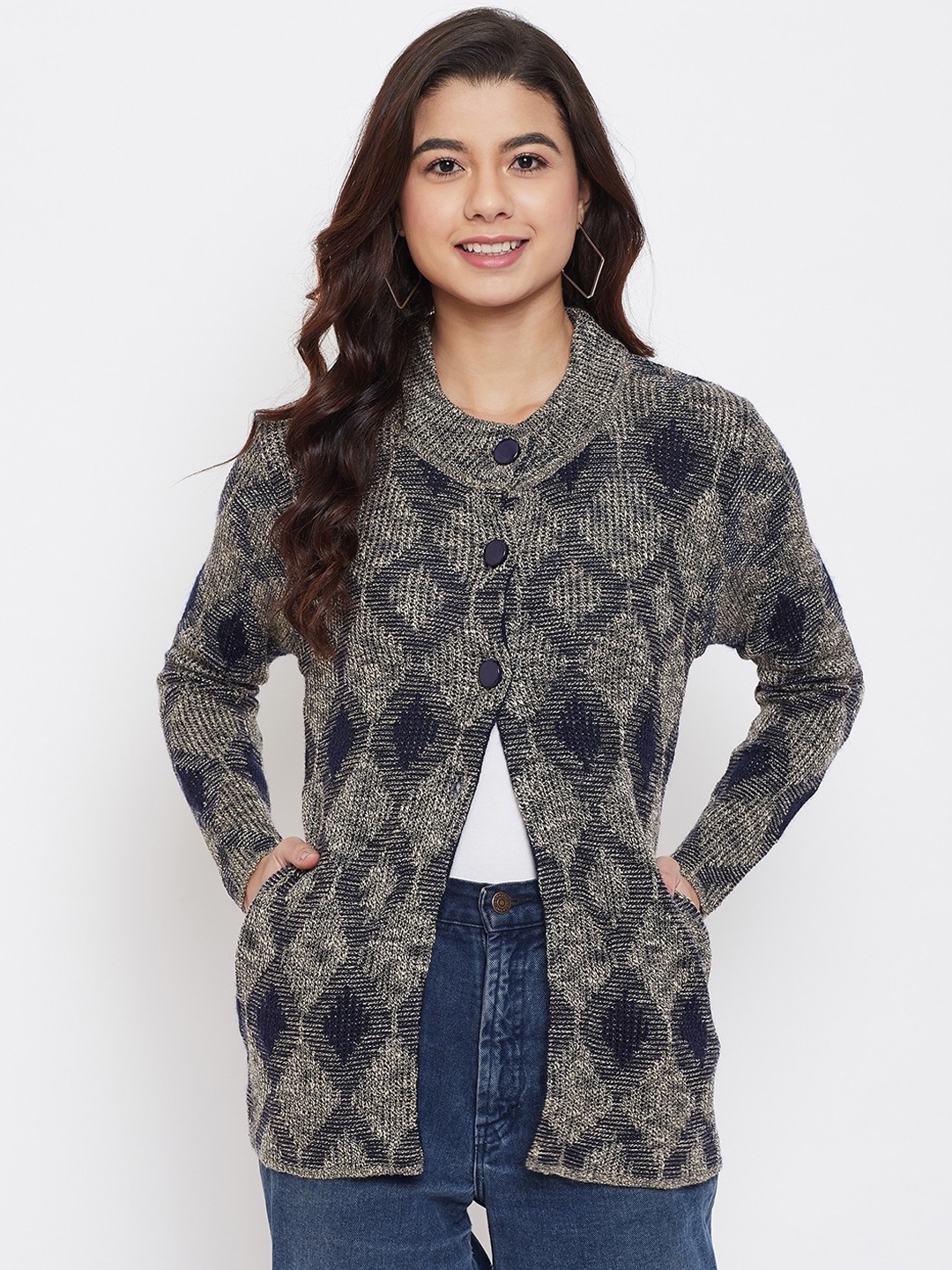 

Zigo Women Black & Beige Self-Design Cardigan Sweater
