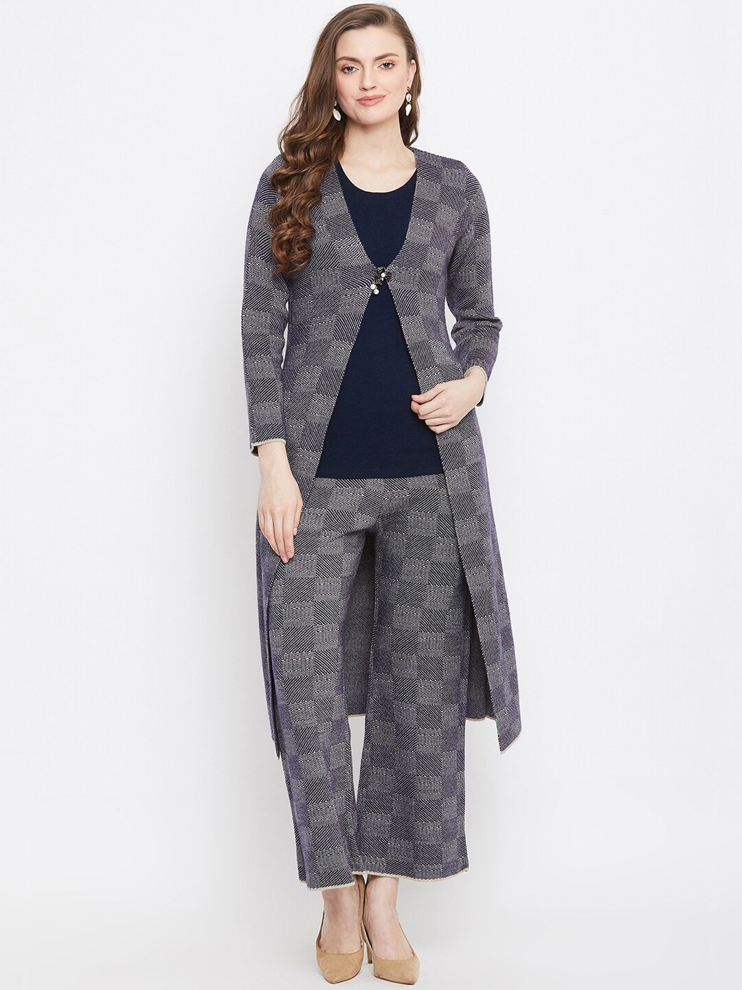 

Zigo Women Navy Blue & Grey Printed Cardigan Top with Palazzos