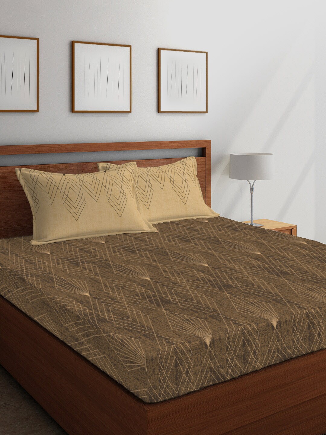 

Layers Brown & Beige Geometric Tuscany Printed 104 TC Cotton Double Queen Bedsheet With 2 Pillow Covers