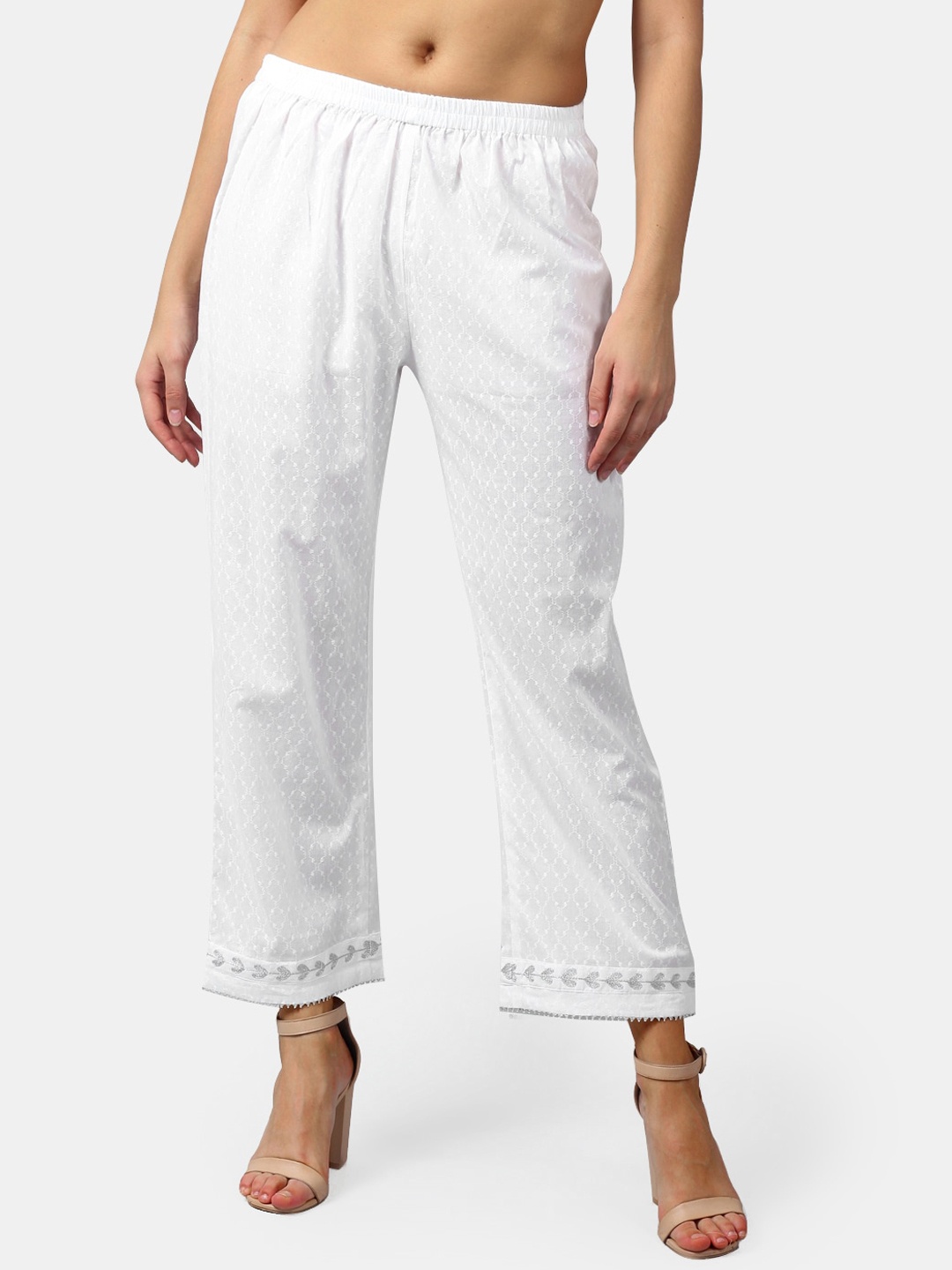 

DART STUDIO Women White Embroidered Straight-Fit Sustainable Palazzos