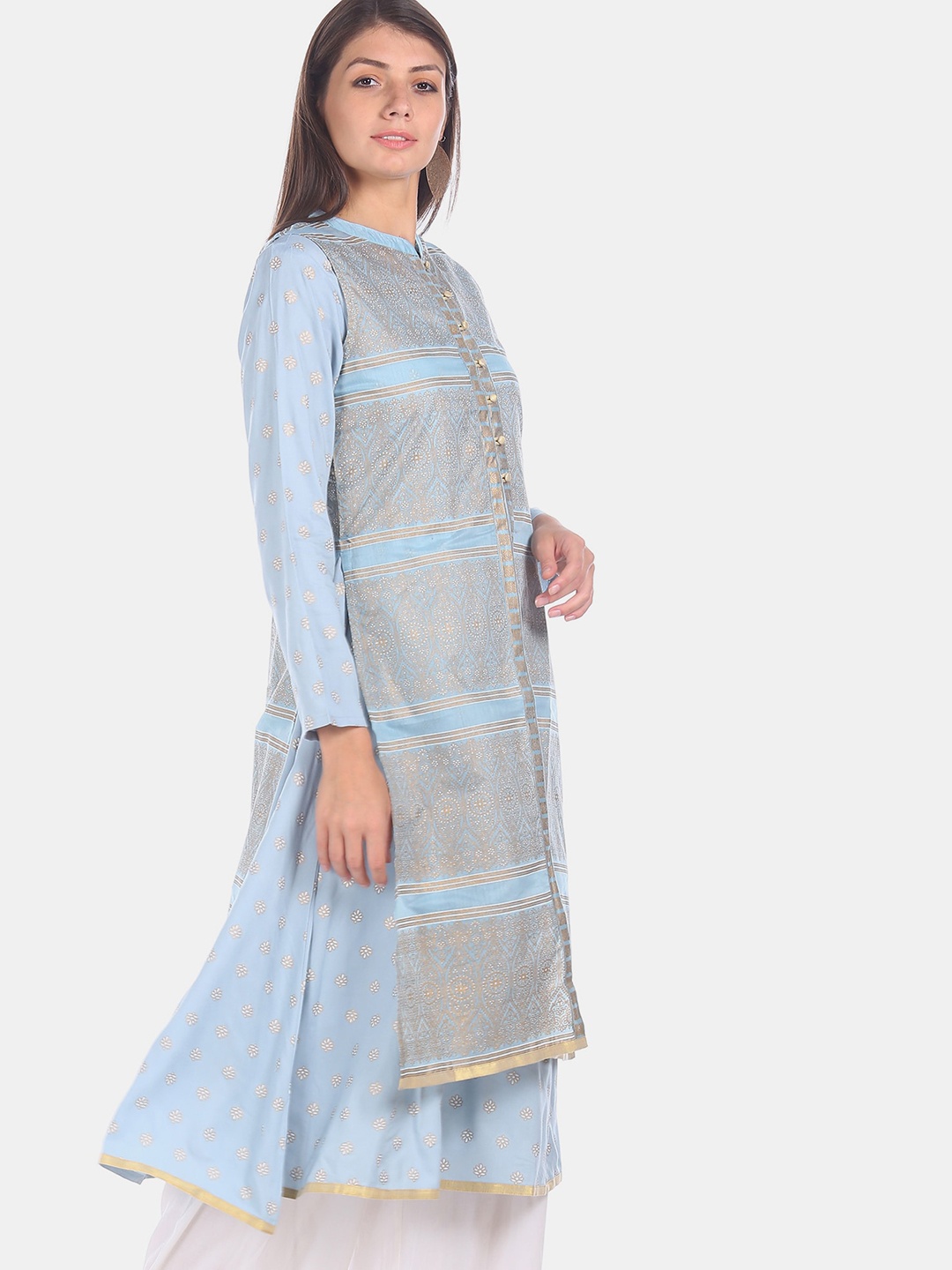 

Anahi Women Blue & Gold-Toned Printed A-Line Layered Kurta
