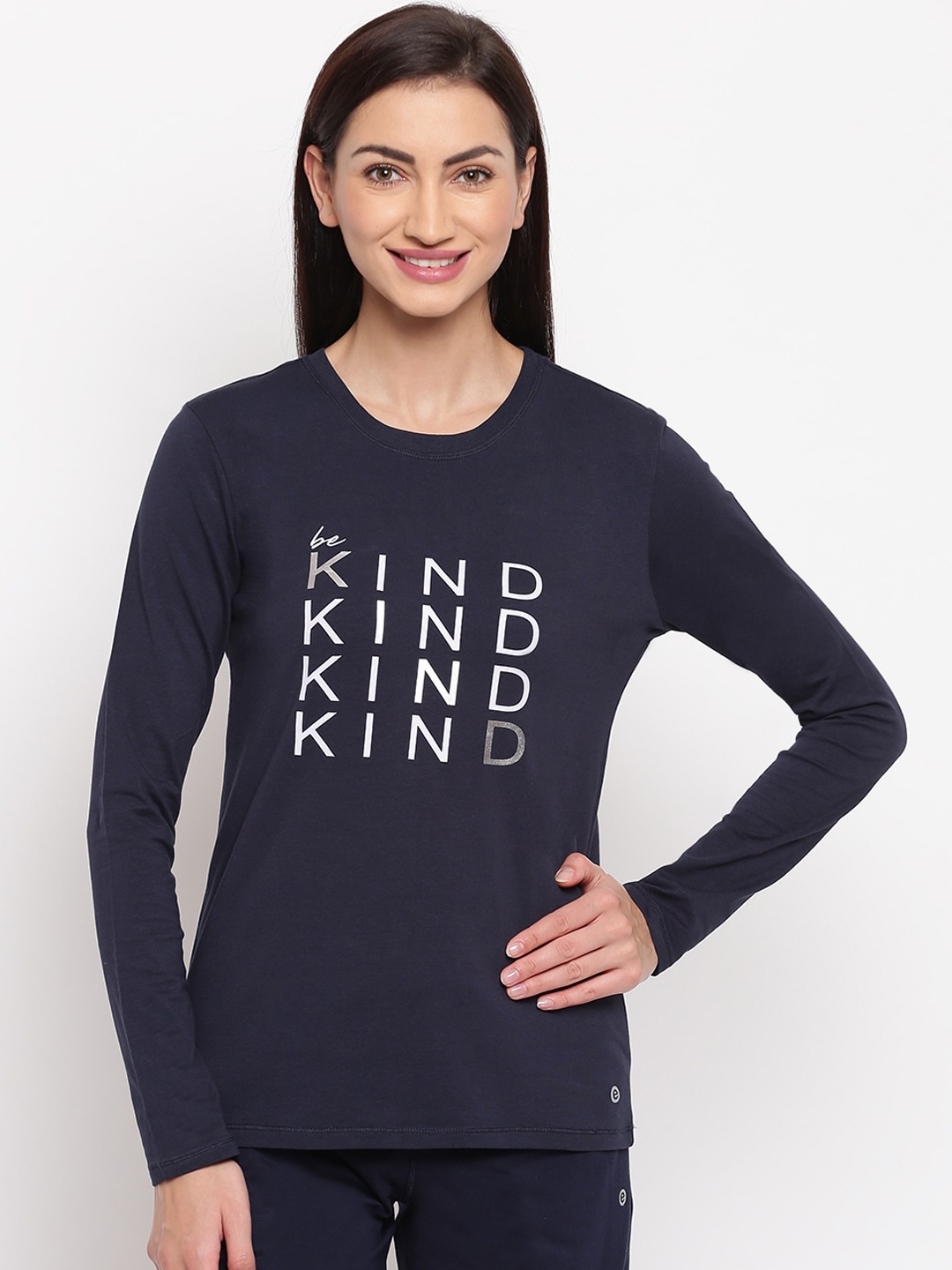 

Enamor Women Printed Slim Fit Stretchable Cotton Lounge T-shirt, Navy blue