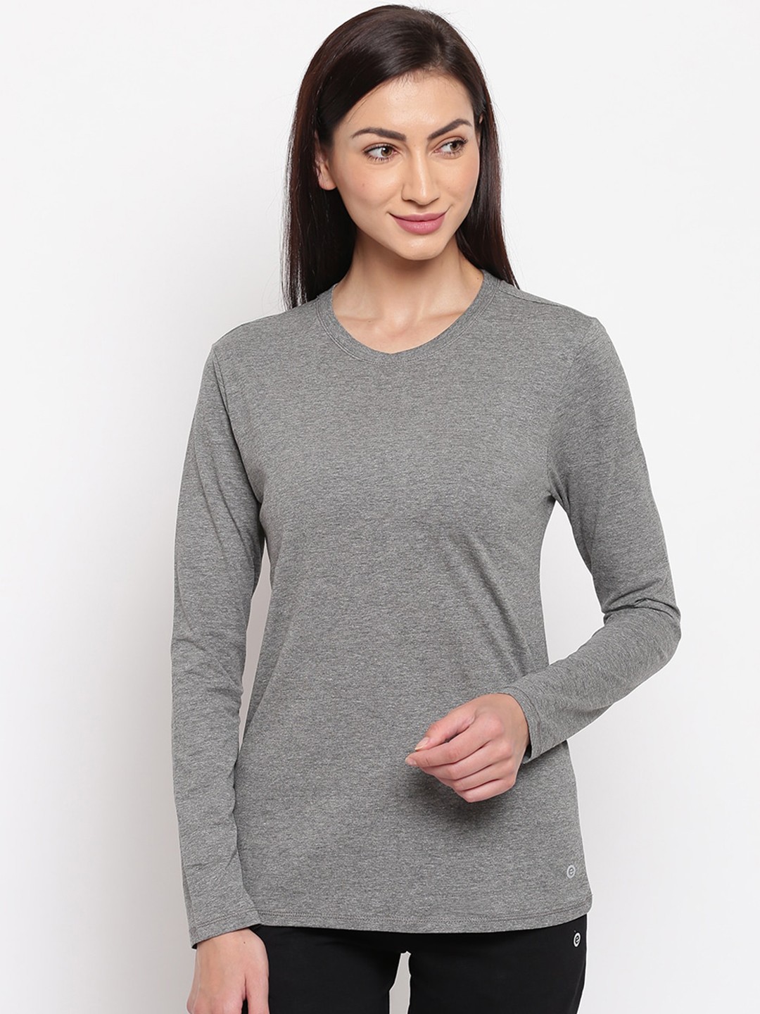 

Enamor Women Solid Basic Crew Neck Long Sleeves Stretch Cotton Lounge T-Shirts E057, Grey melange