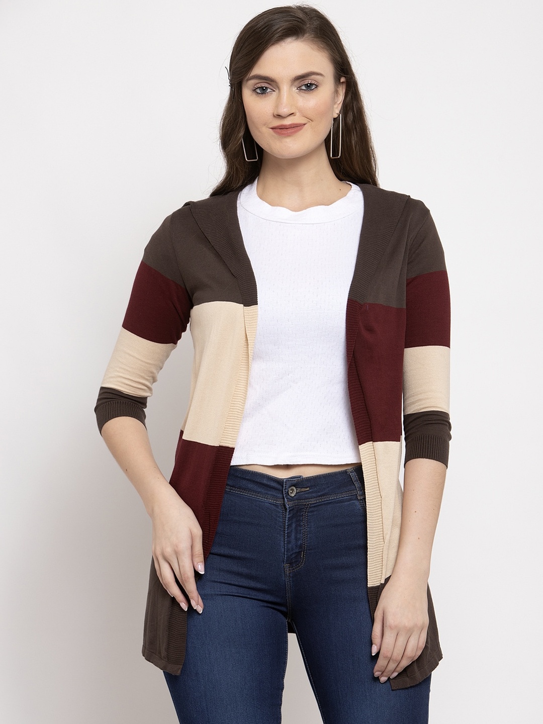 

Kalt Women Maroon & Beige Colourblocked Open Front Shrug
