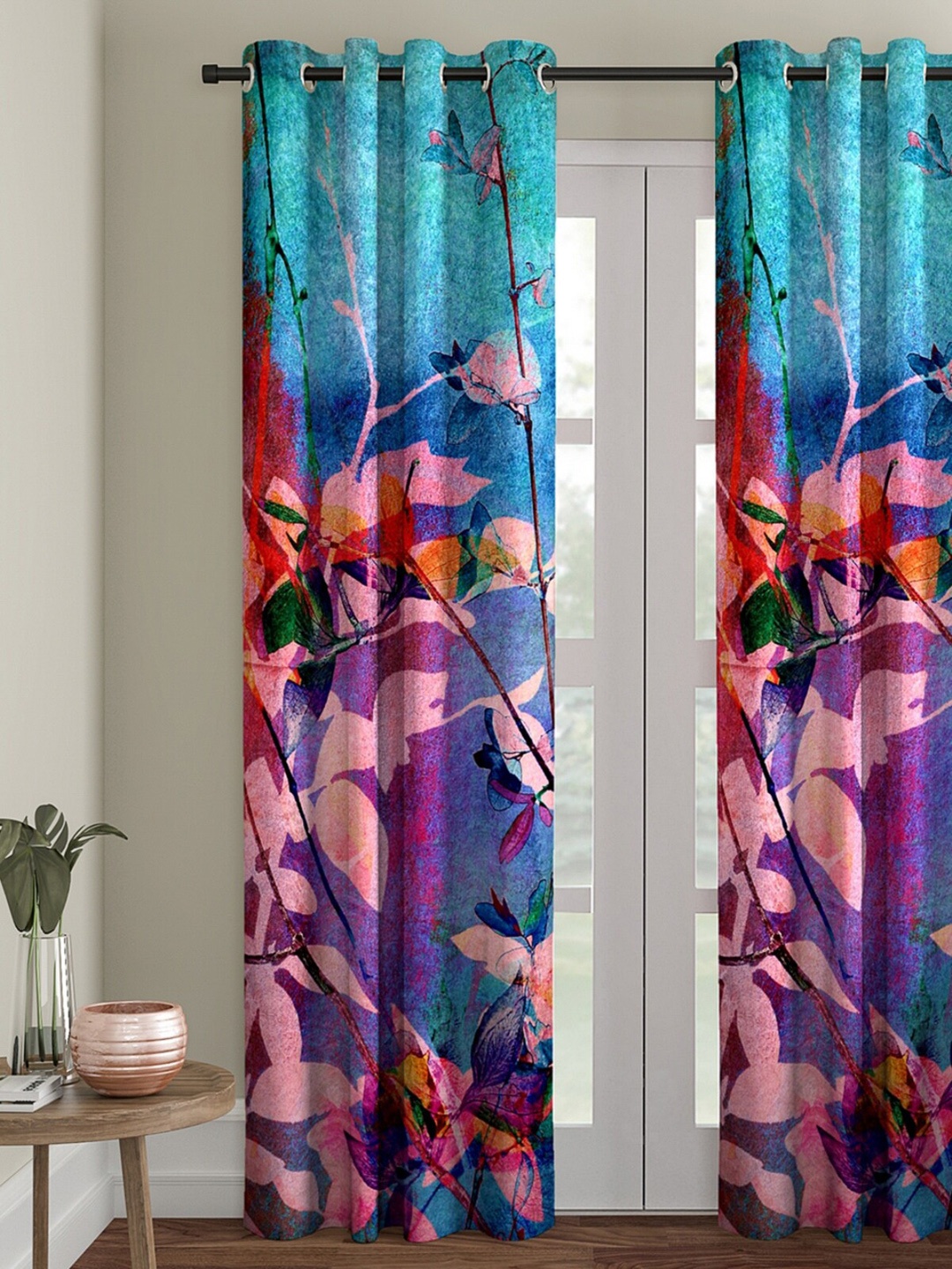 

ROMEE Blue & Pink Floral Printed Velvet Room Darkening Door Curtain