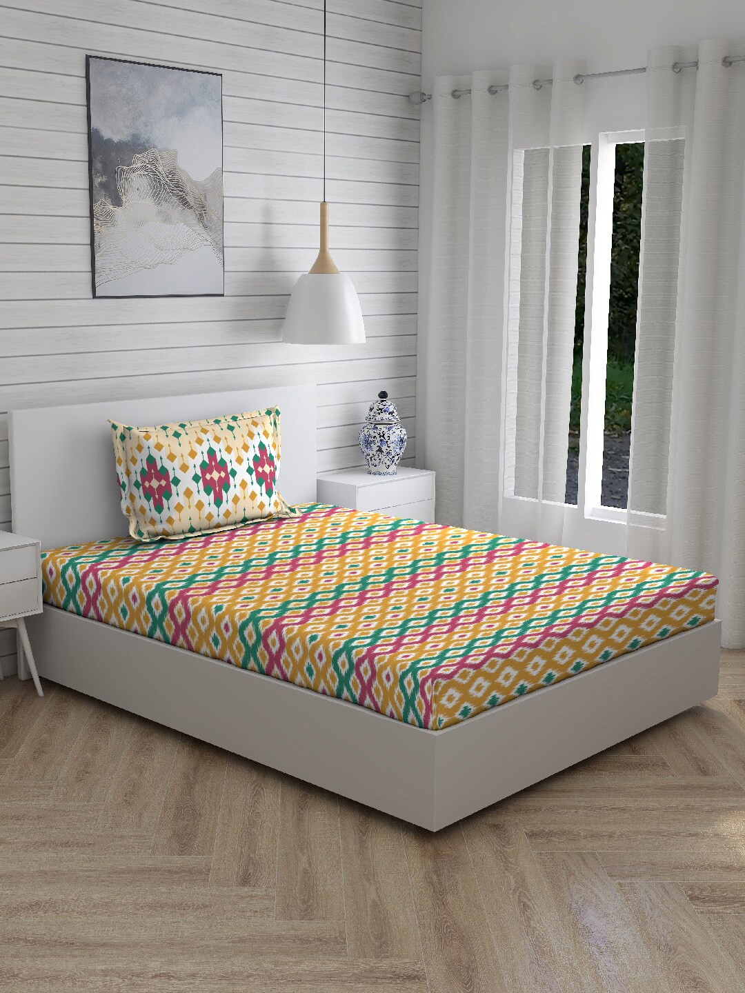 

Layers Yellow & Pink Abstract Print 144 TC Single Bedsheet With Pillow Cover