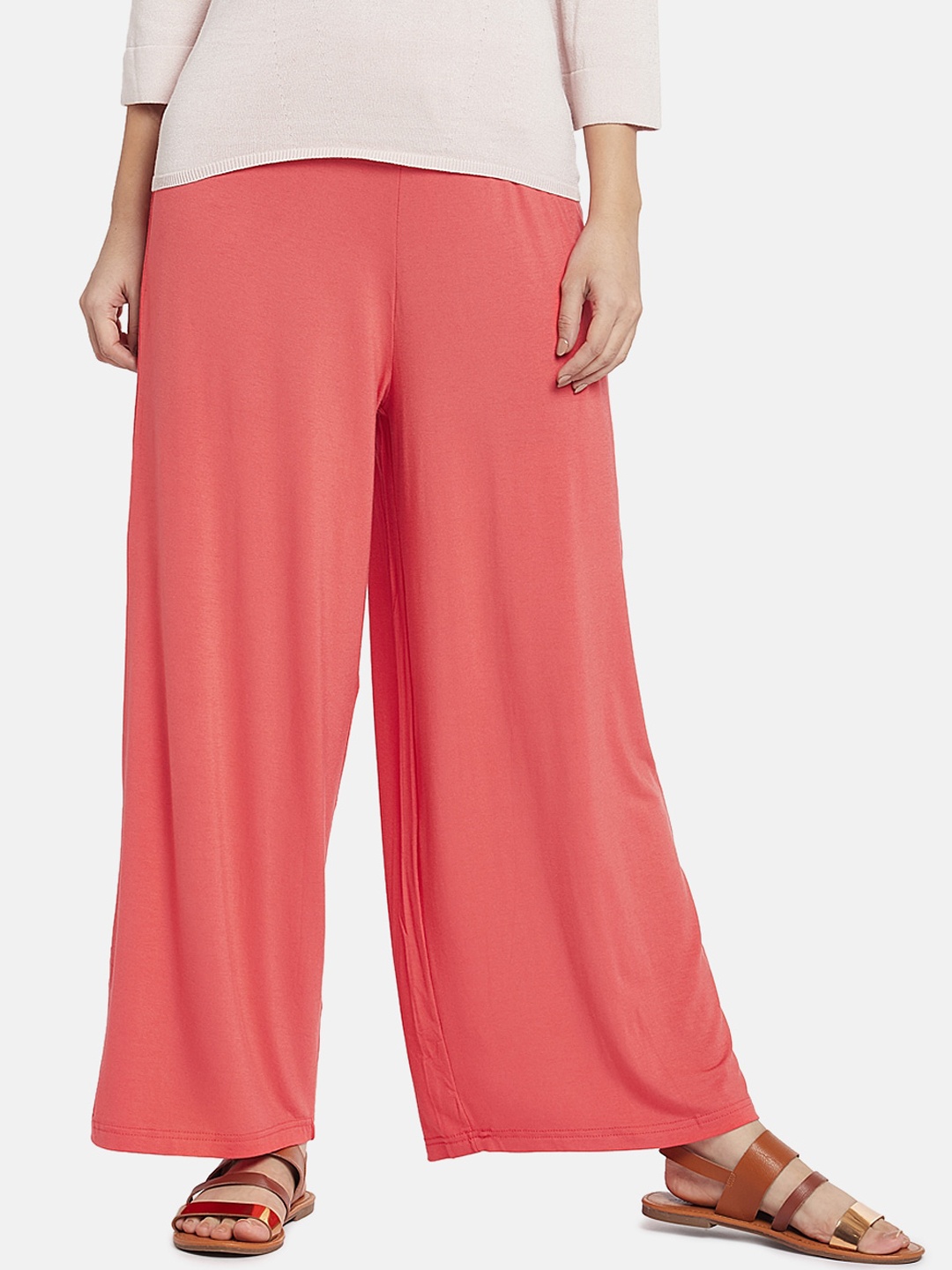 

Go Colors Women Coral-Coloured Solid Wide Leg Palazzos