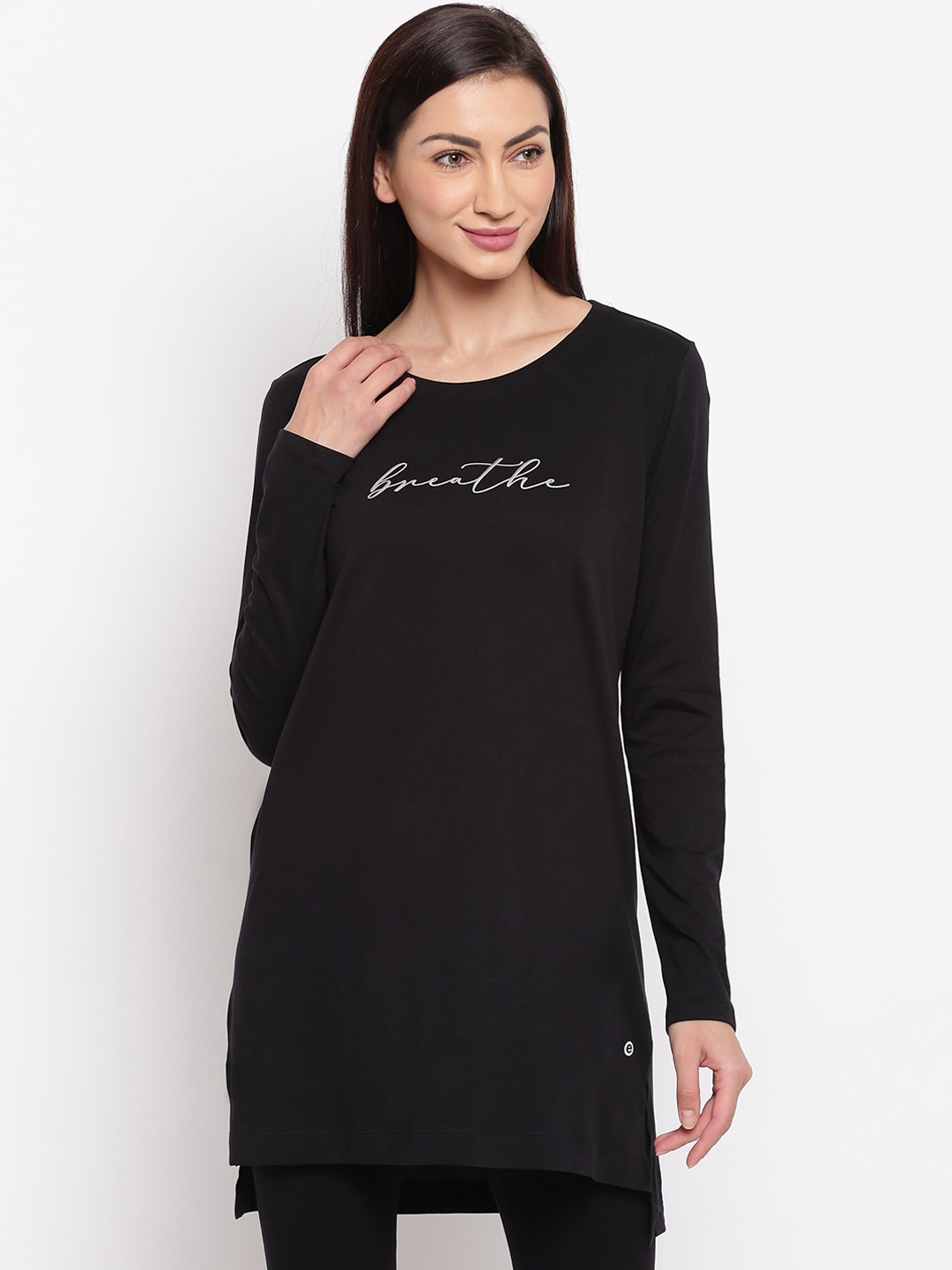 

Enamor Women Printed Relaxed Fit Cotton Tunic Lounge T-shirt, Black