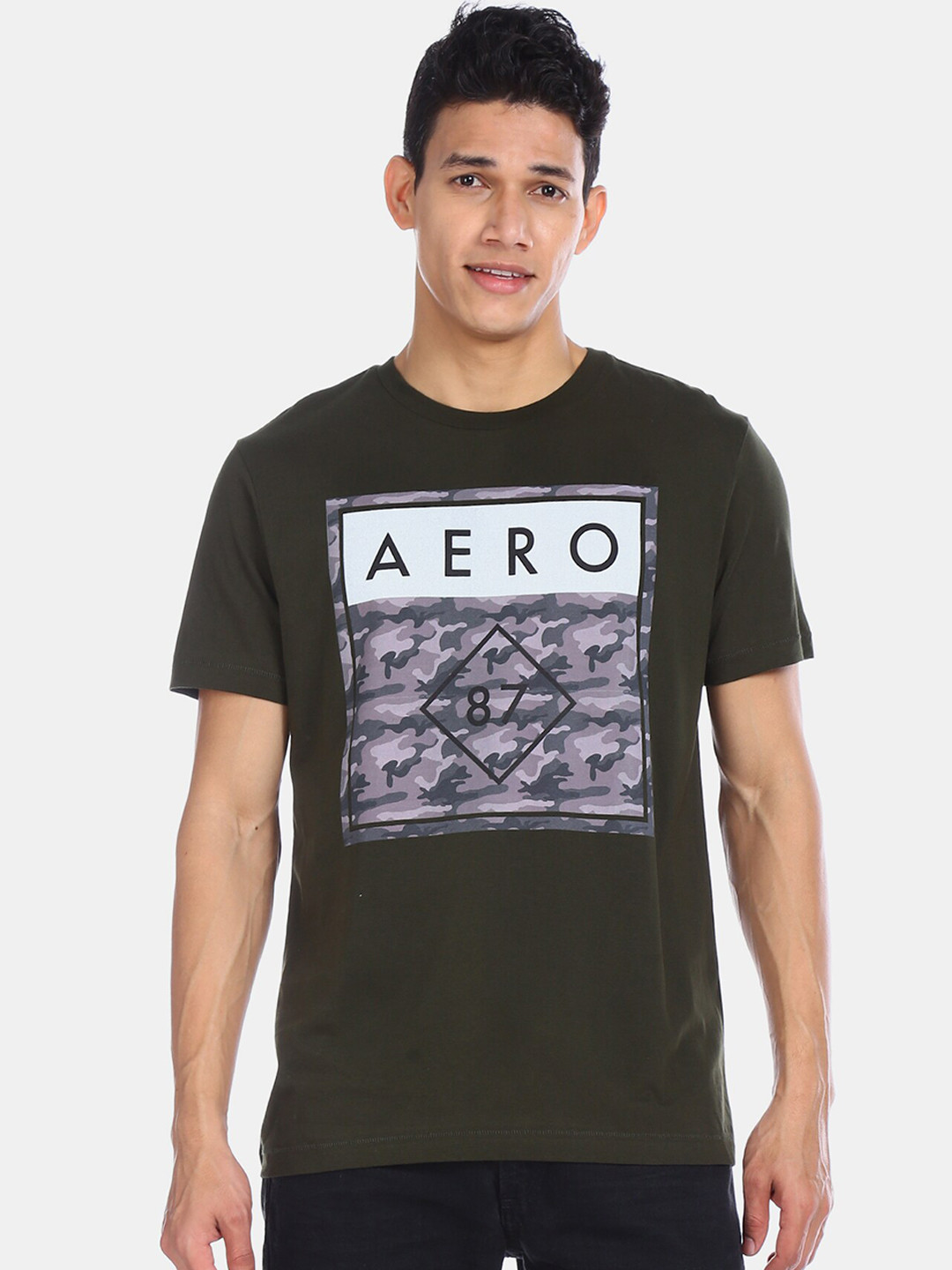 

Aeropostale Men Olive Green Printed Round Neck Pure Cotton T-shirt