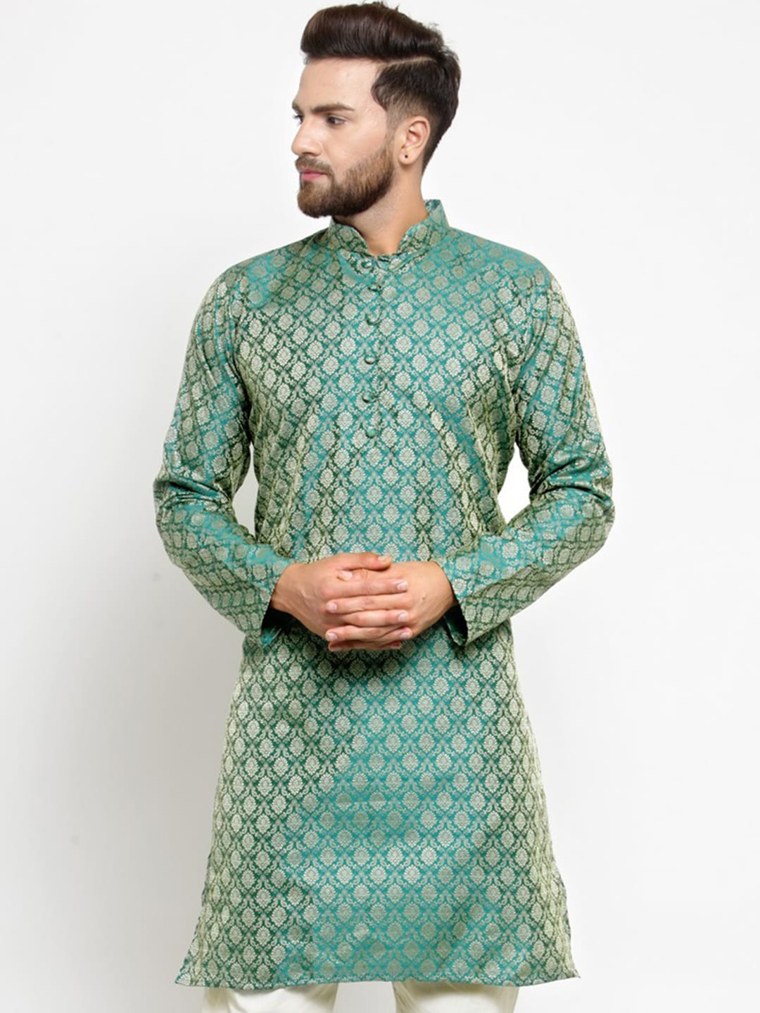 

Jompers Men Green & Gold-Toned Woven Design A-Line Kurta