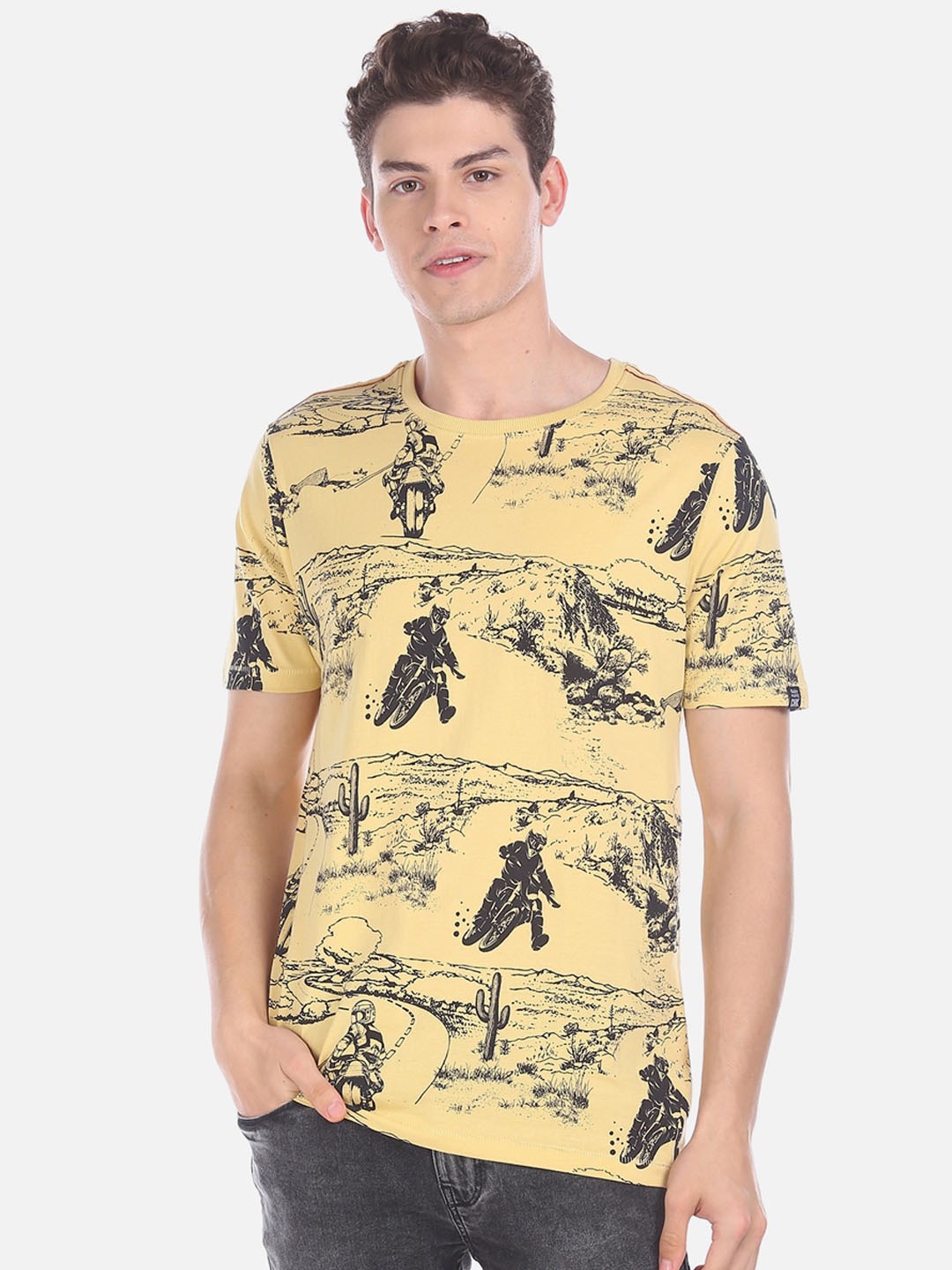 

Cherokee Men Mustard Yellow Printed Round Neck T-shirt