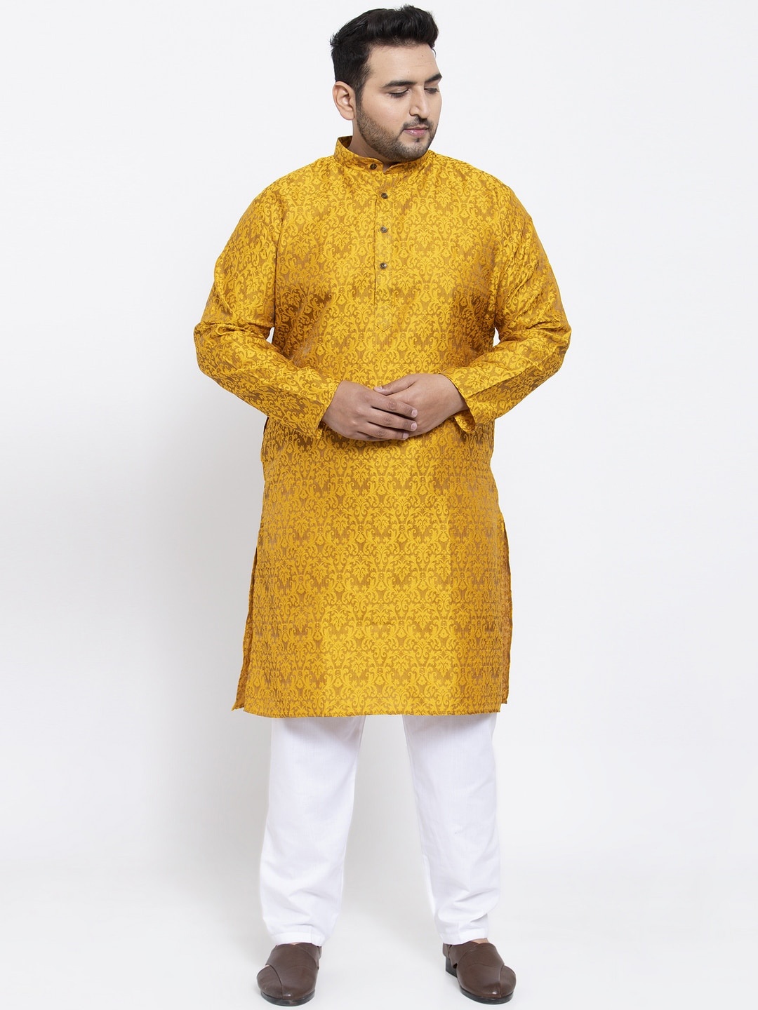 

plusS Men Mustard & White Self Design Plus Size Kurta with Pyjamas