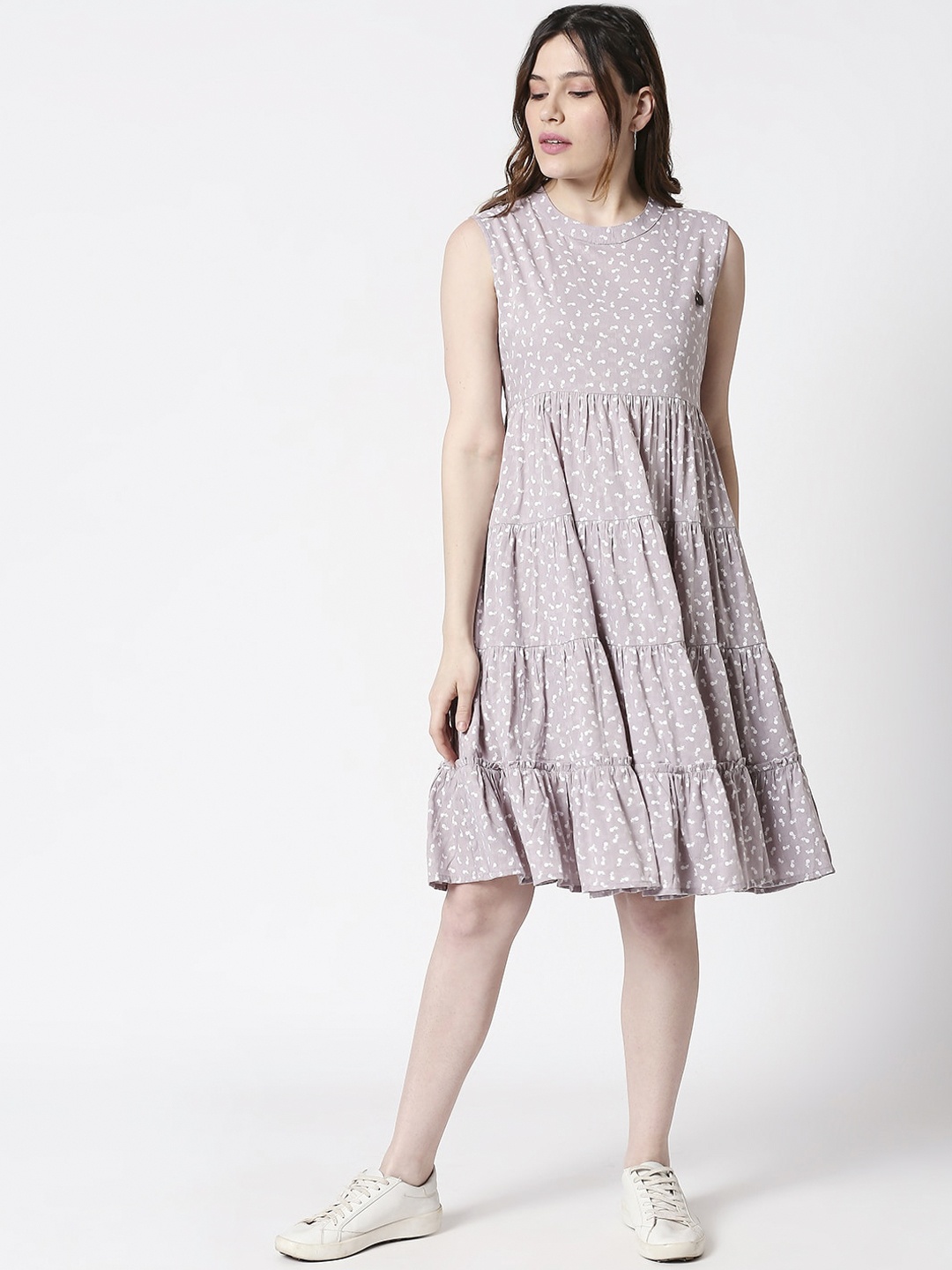 

TERQUOIS Women Taupe Printed Fit and Flare Dress