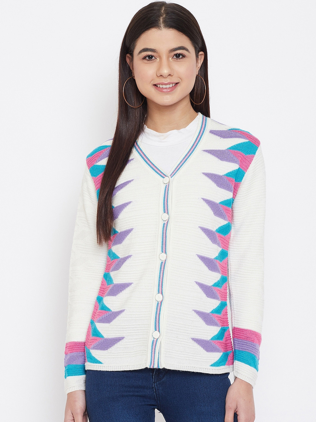 

Zigo Women White & Purple Self Design Cardigan