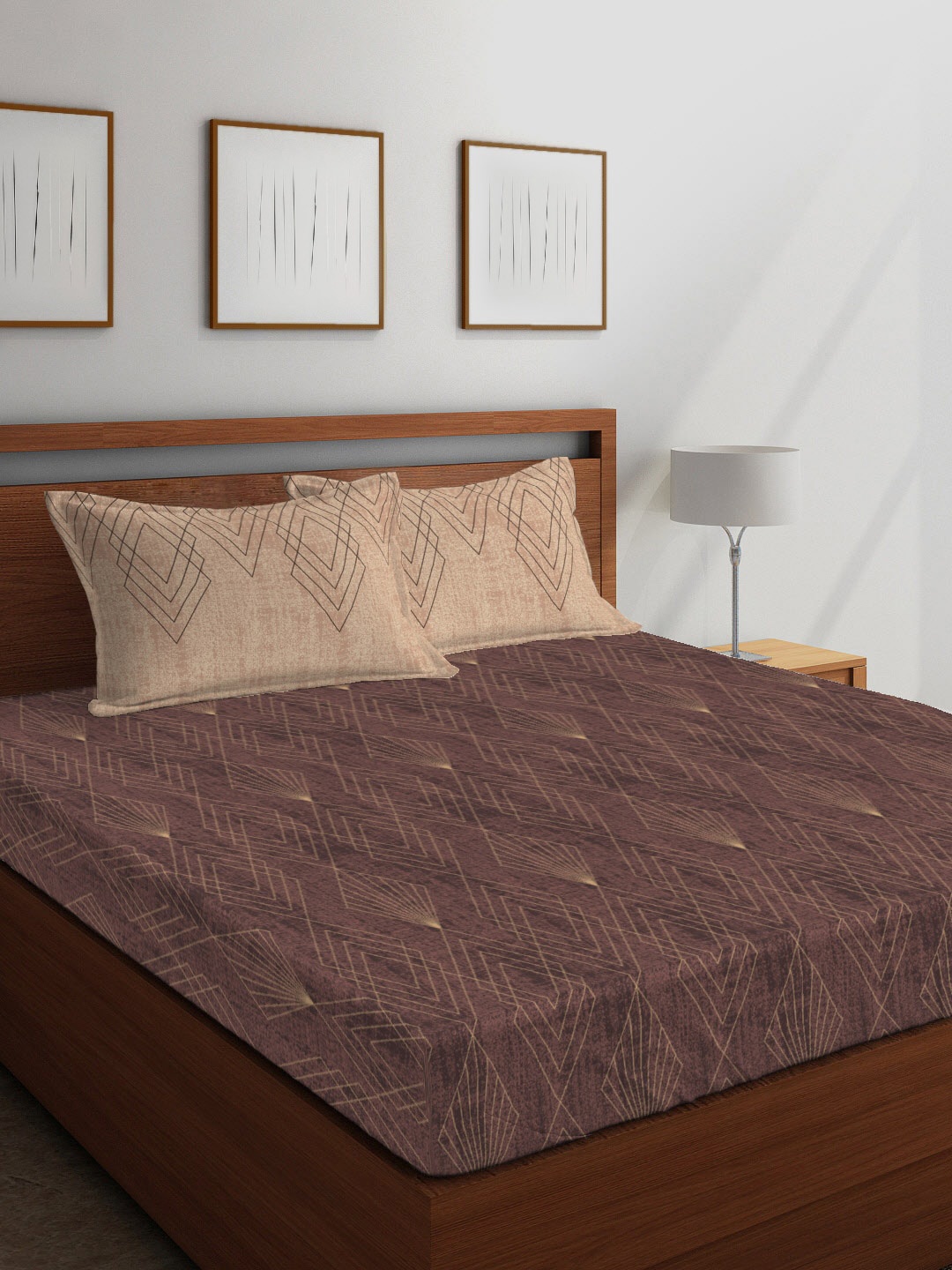 

Layers Brown & Beige Geometric Tuscany Printed 104 TC Cotton Double Queen Bedsheet With 2 Pillow Covers