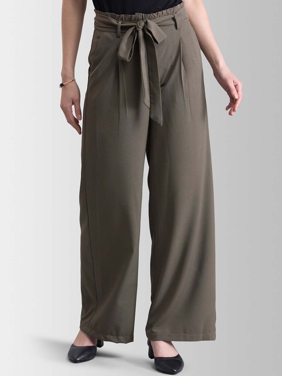 

FableStreet Women Olive Green Flared Solid Parallel Trousers