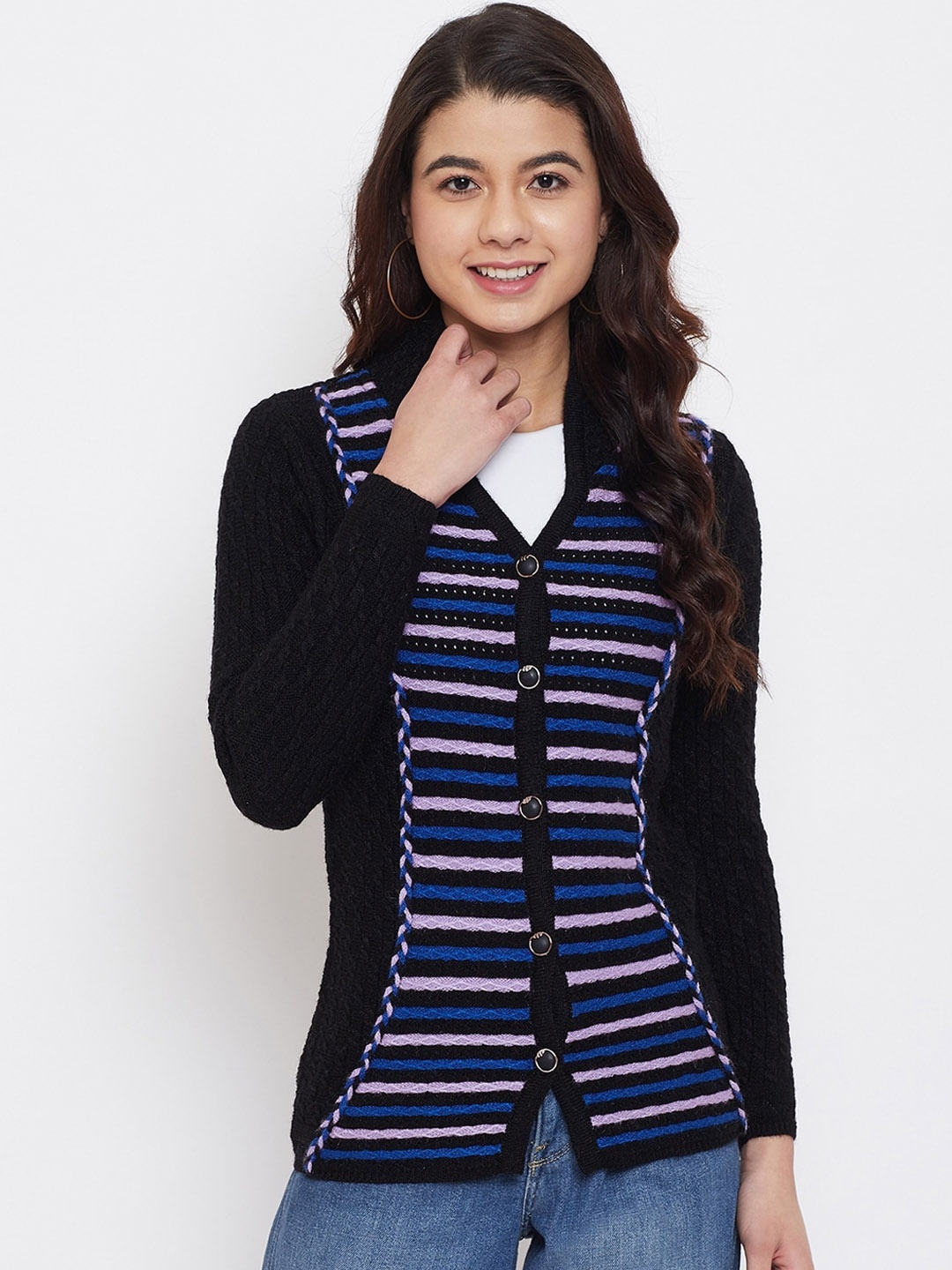 

Zigo Women Black & Blue Self Design Cardigan