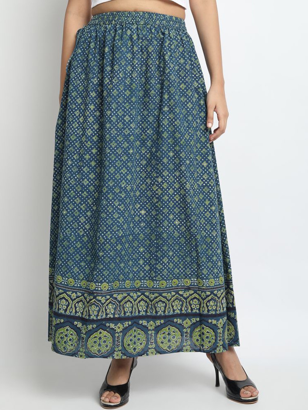 

Molcha Women Green & Blue Printed Flared Maxi Pure Cotton Skirt