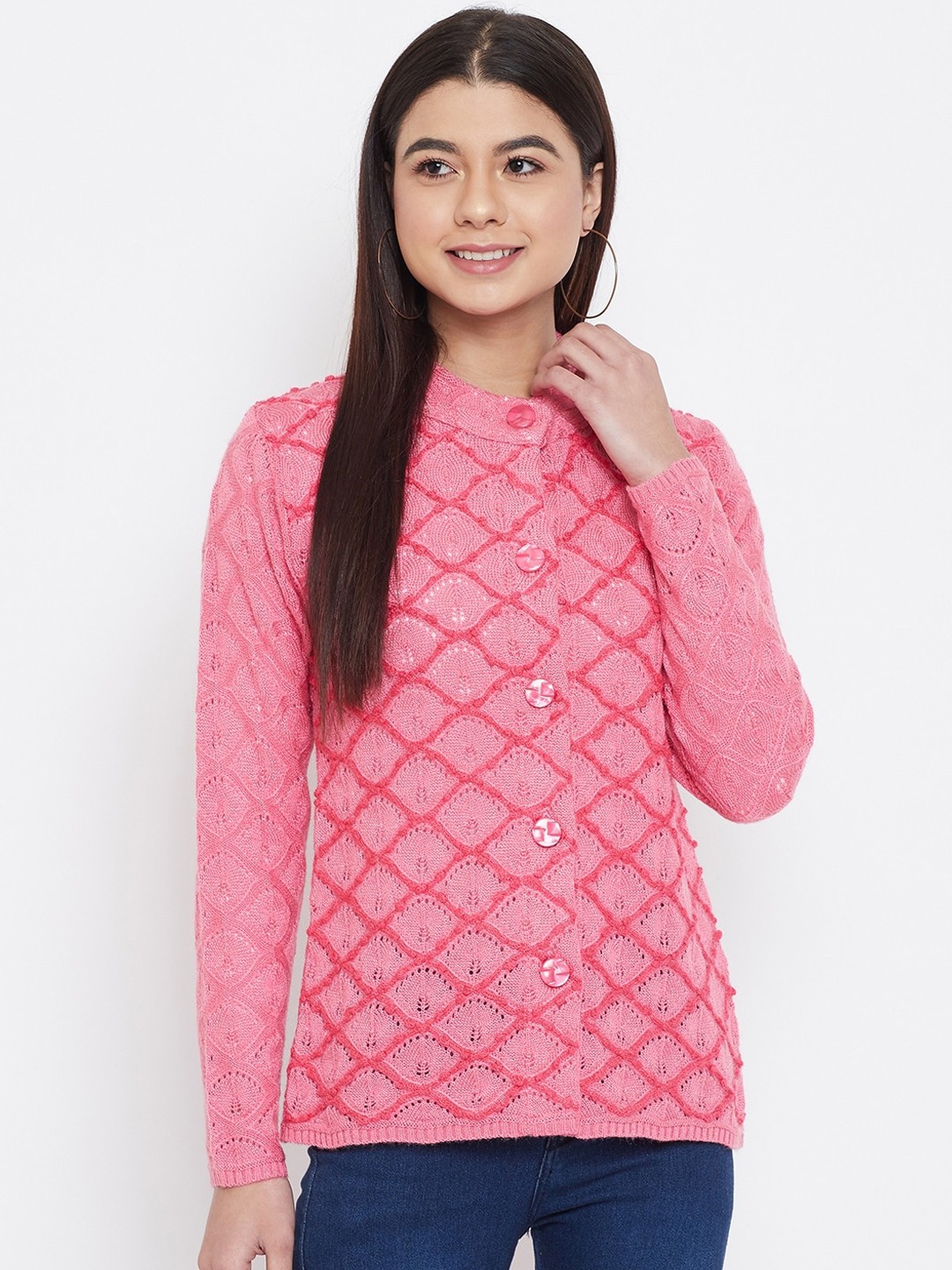 

Zigo Women Pink Self Design Cardigan Sweater